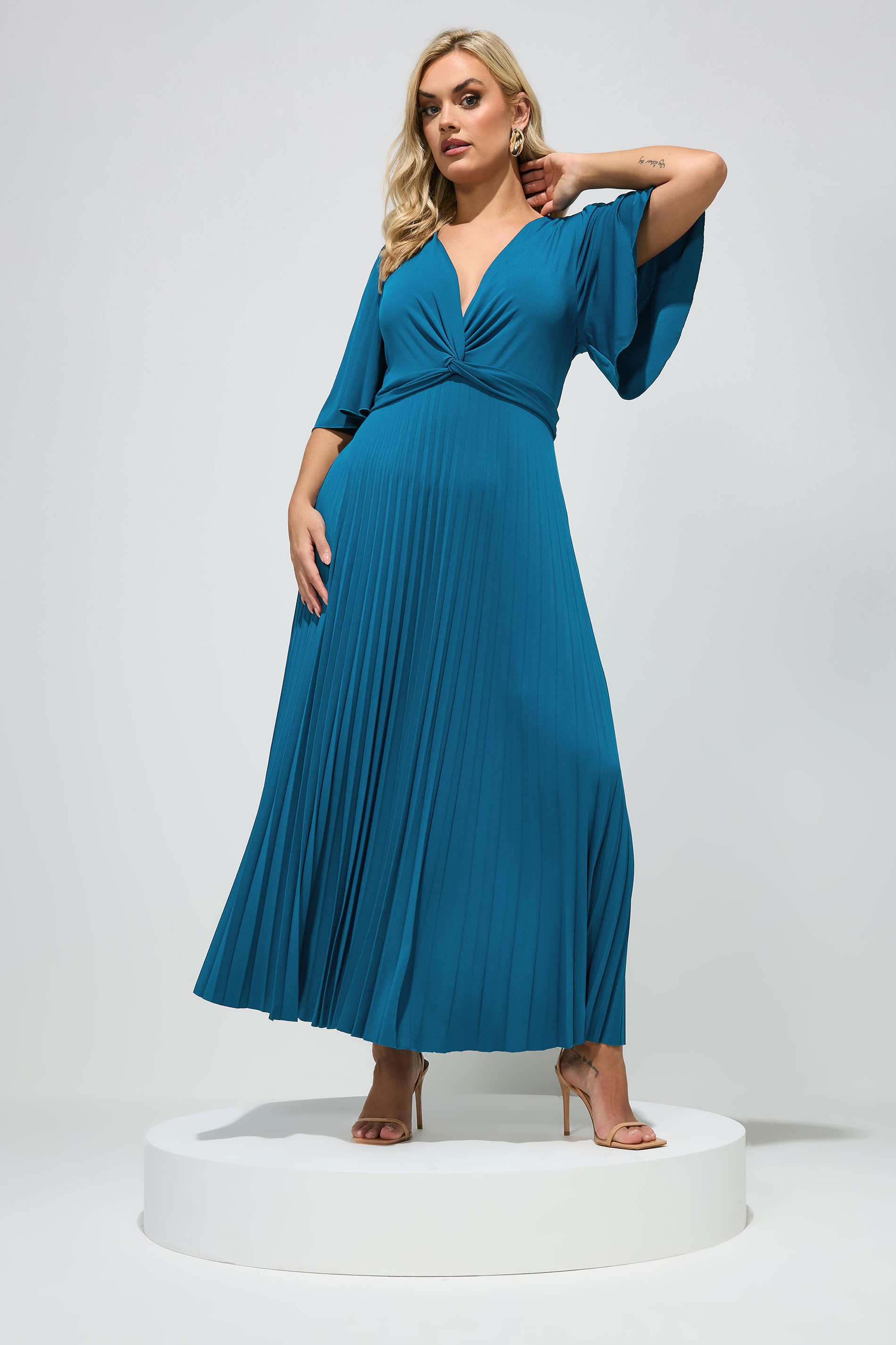 YOURS LONDON Plus Size Teal Blue Knot Pleated Maxi Dress | Yours Clothing 1