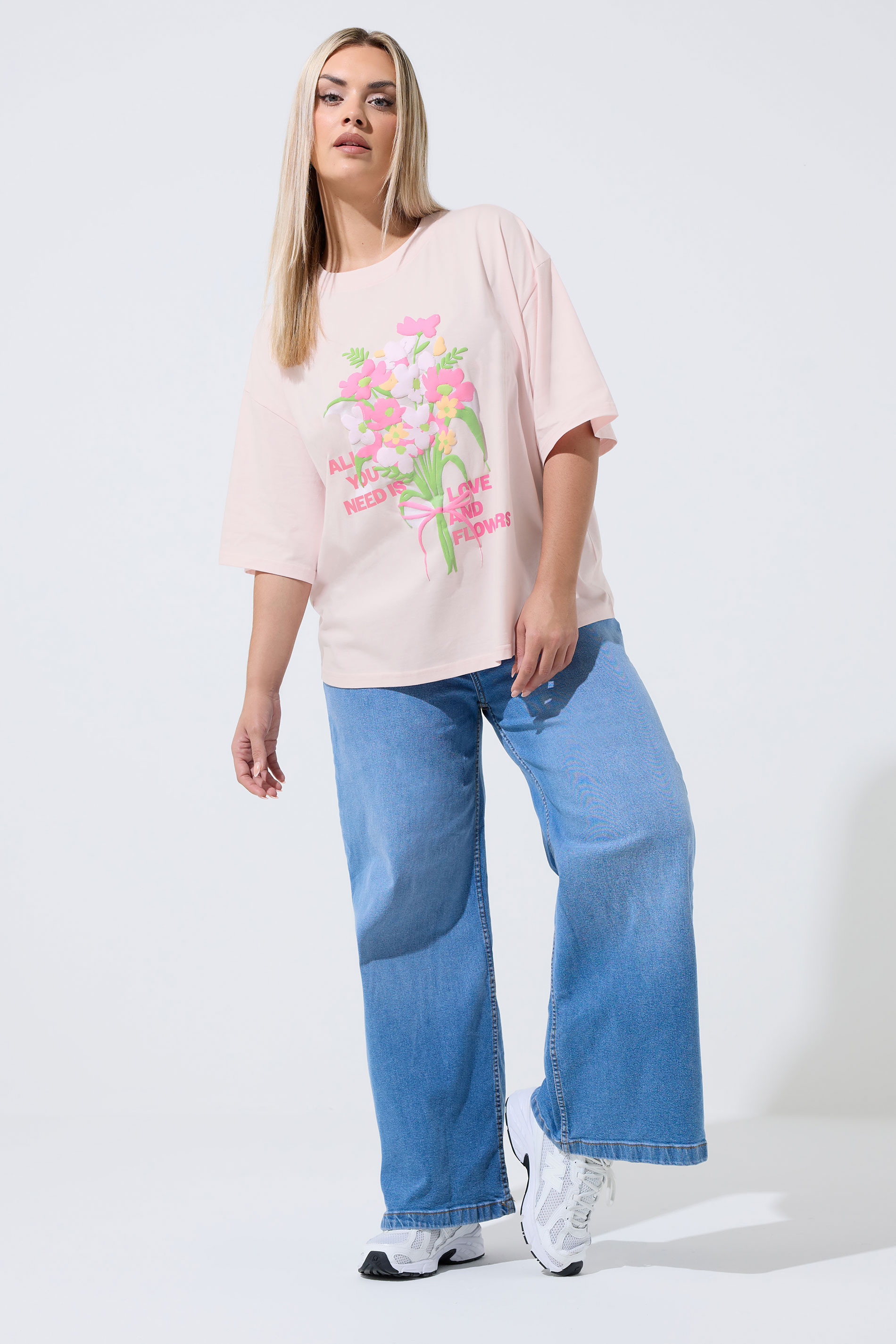 LIMITED COLLECTION Plus Size Pink 'All You Need Is Love & Flowers' T-Shirt | Yours Clothing 1