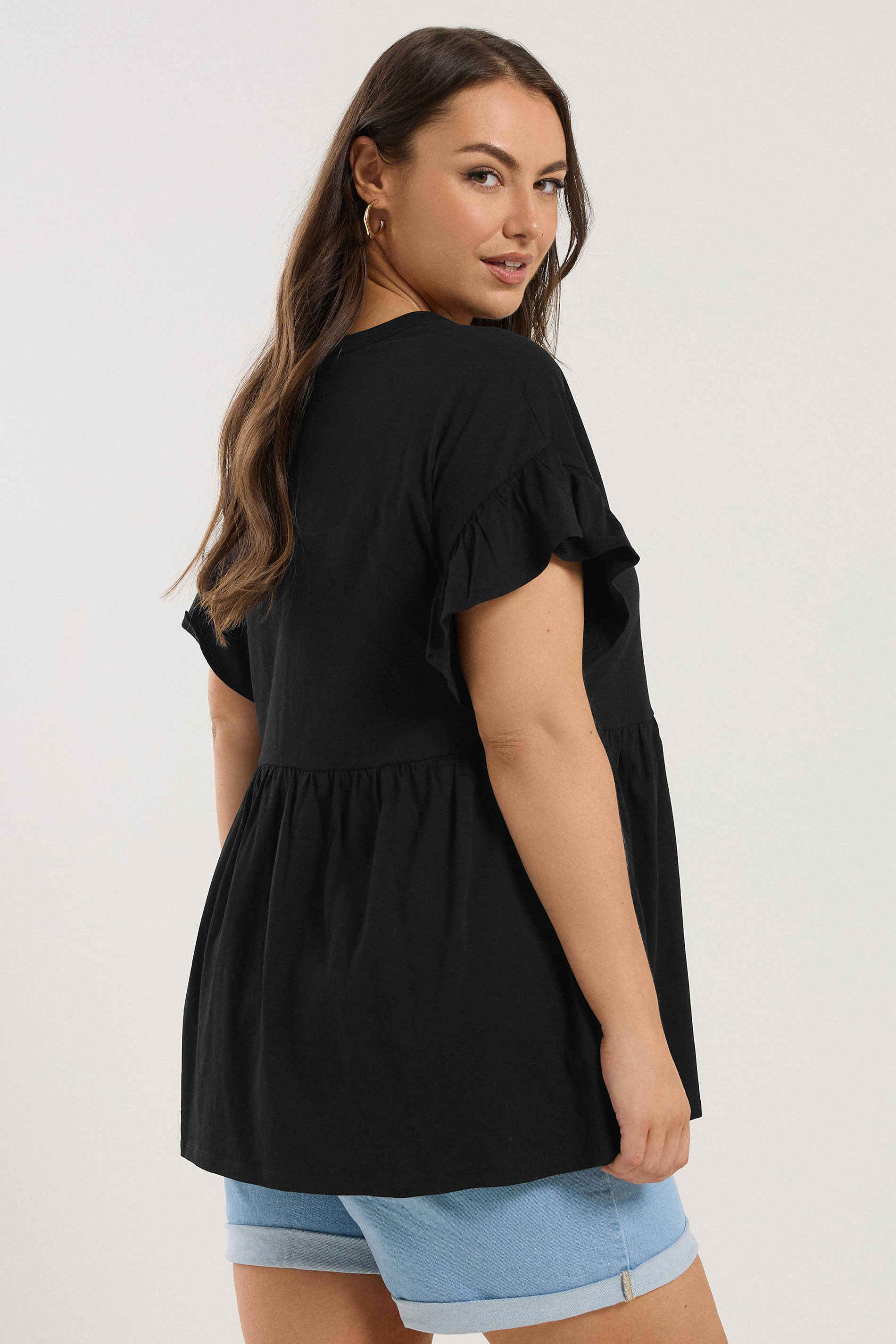 YOURS Plus Size Black Button Frill Sleeve Peplum Top | Yours Clothing 2