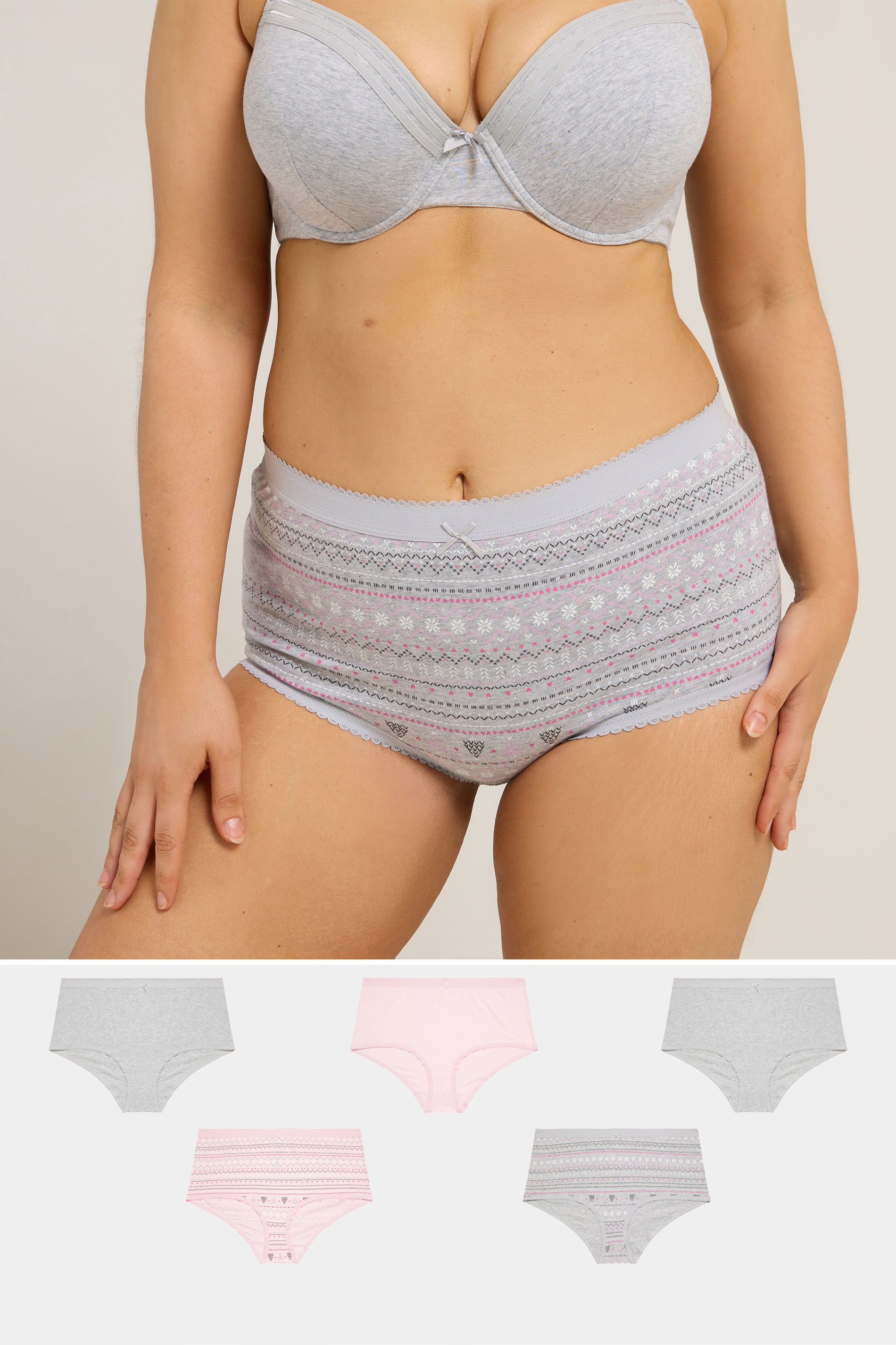 YOURSET 5 PACK Plus Size Grey Fairisle Full Briefs | Yours Clothing 1
