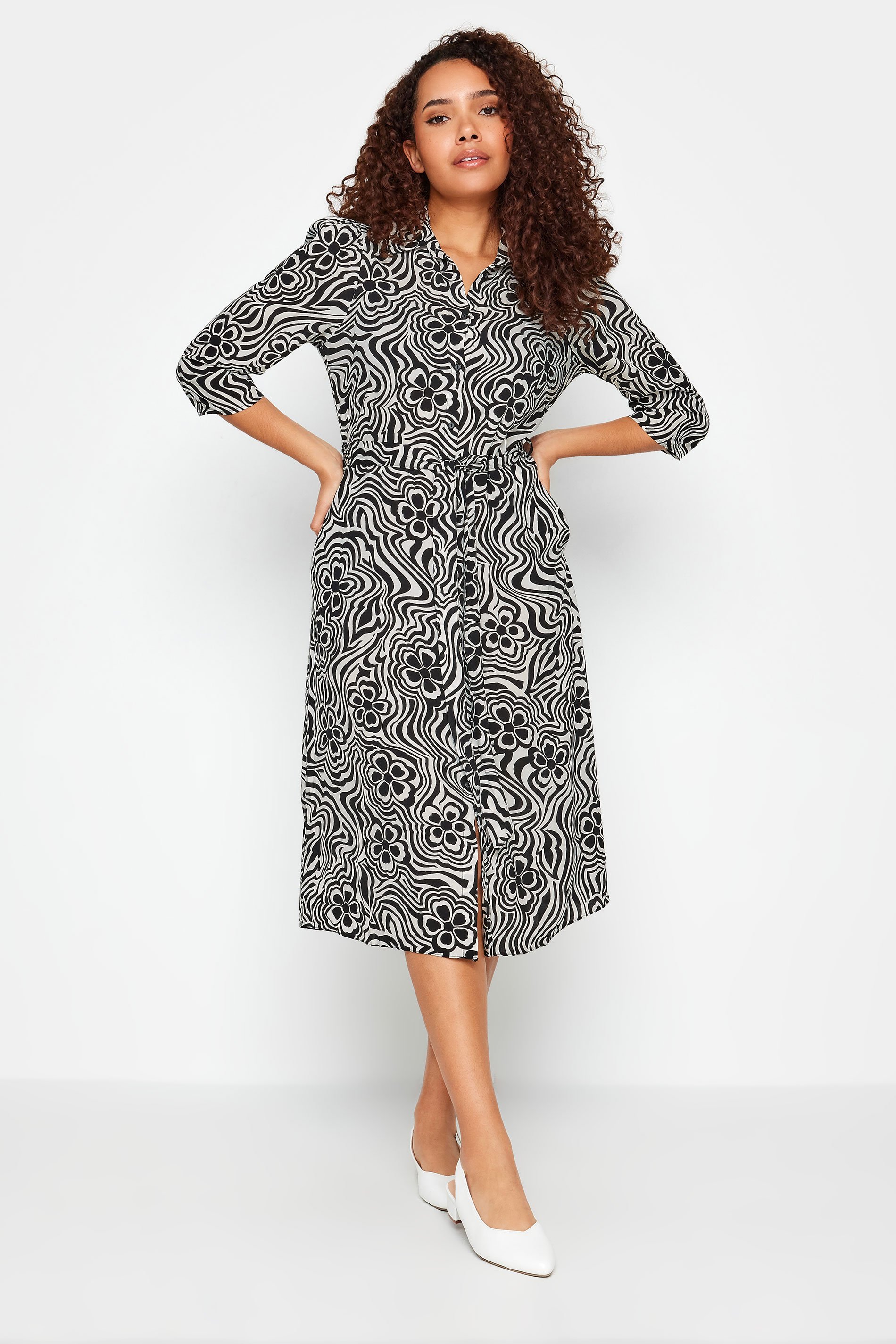 M&Co Black Floral Swirl Print Midi Shirt Dress | M&Co 2