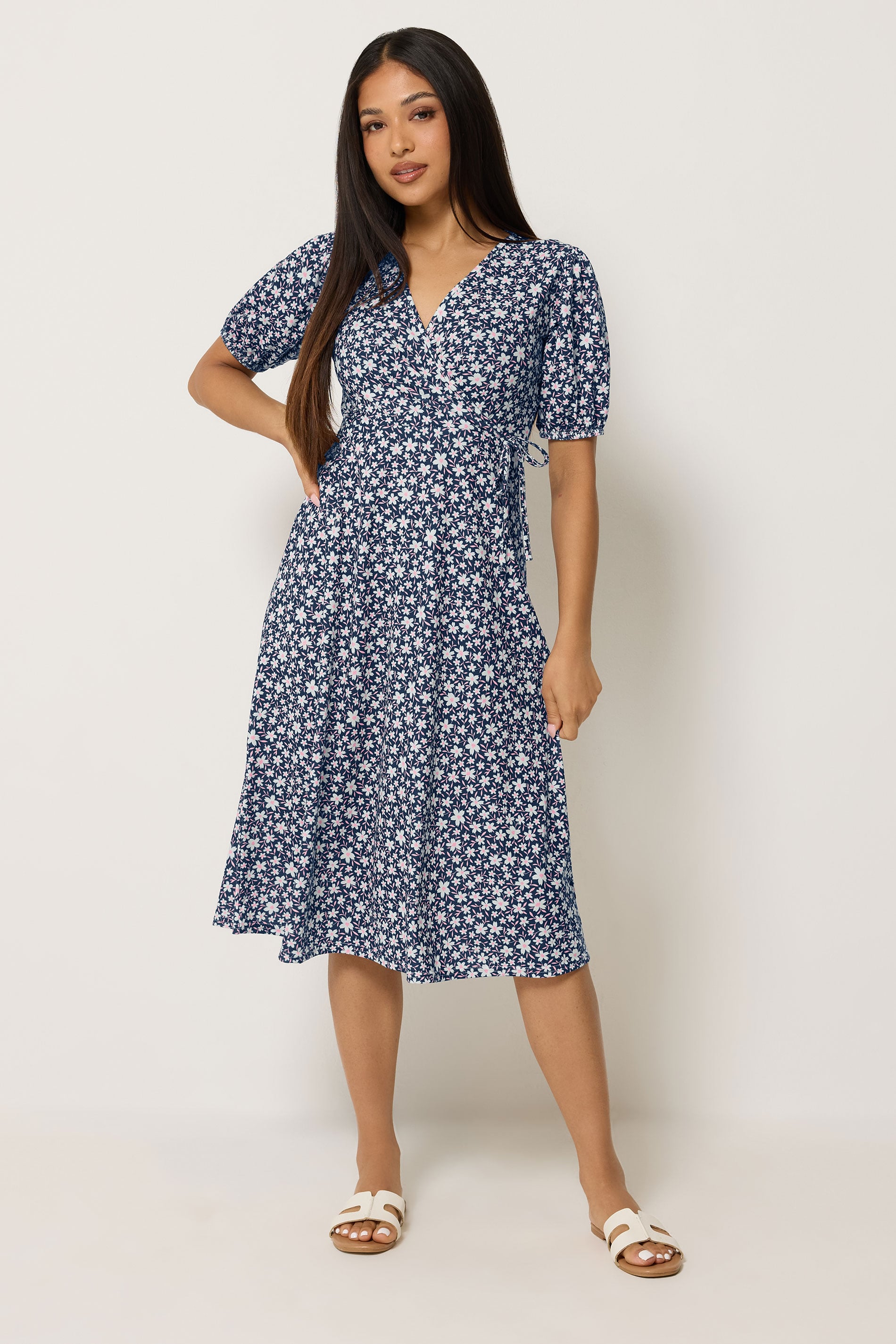 M&Co Petite Navy Blue Floral Print Midi Wrap Dress | M&Co 3