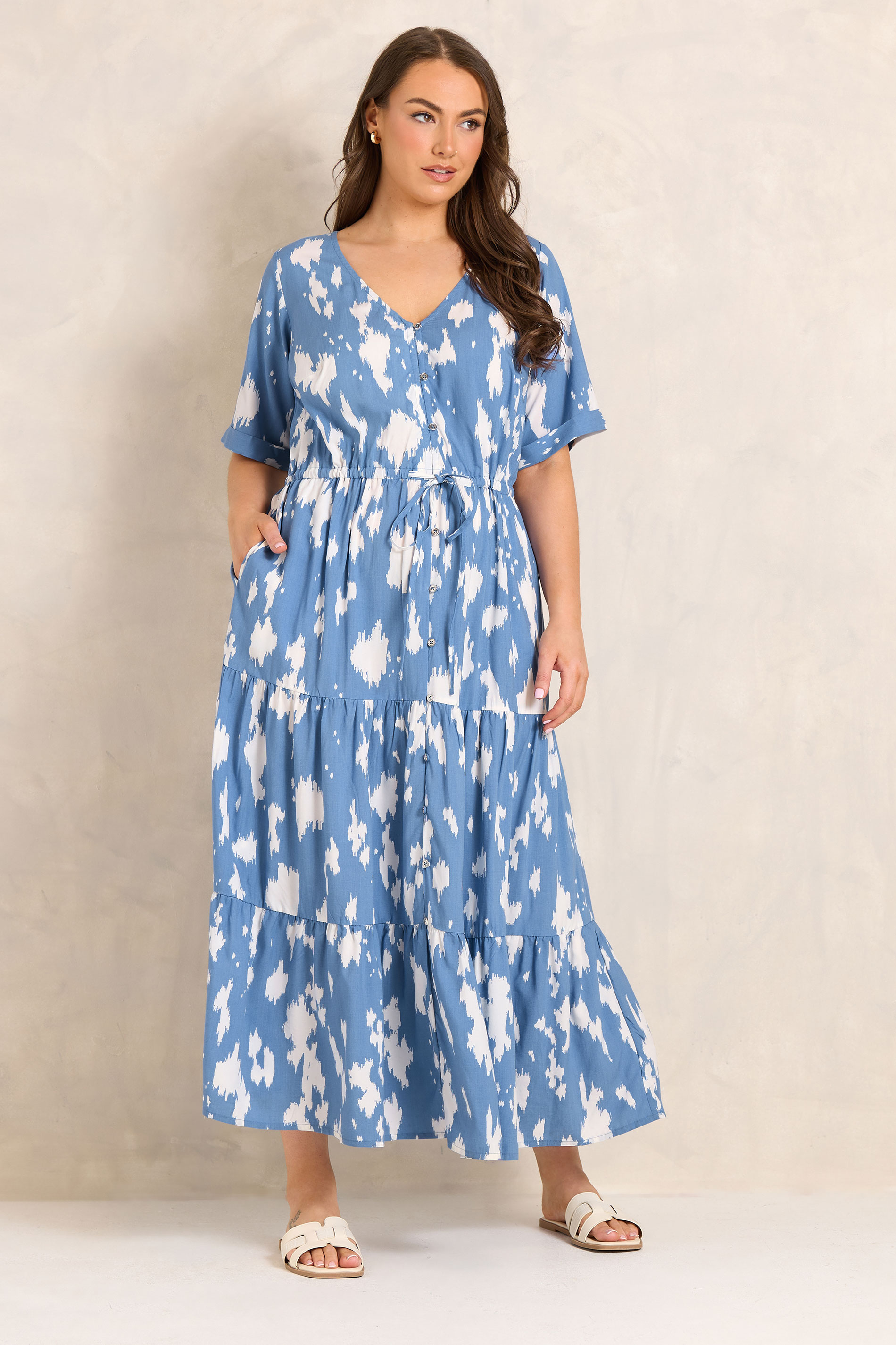 EVANS Plus Size Blue Abstract Print Tie Waist Dress | Evans 3