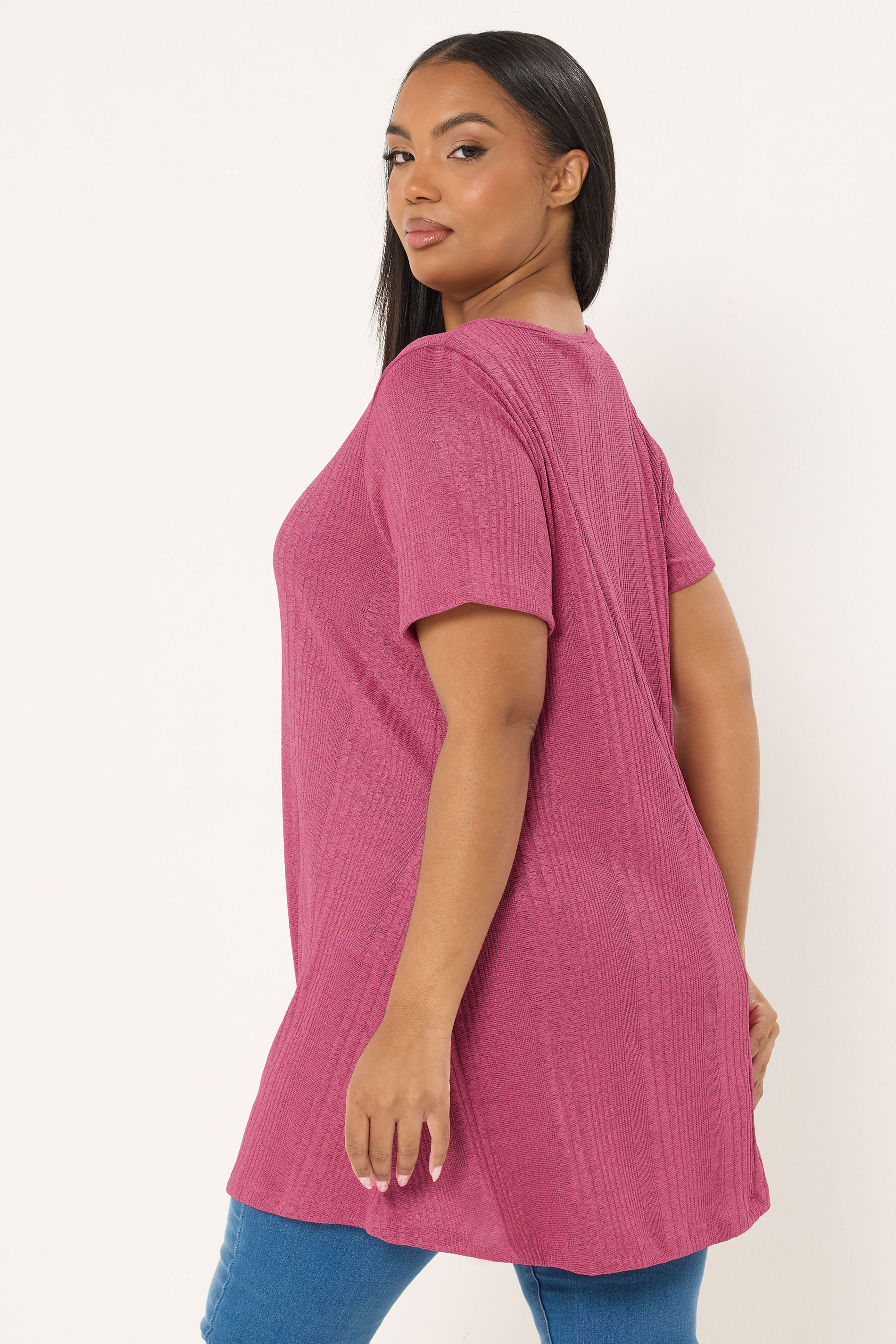 YOURS Plus Size Pink Soft Touch Ribbed Swing T-Shirt | Yours Clothing 2