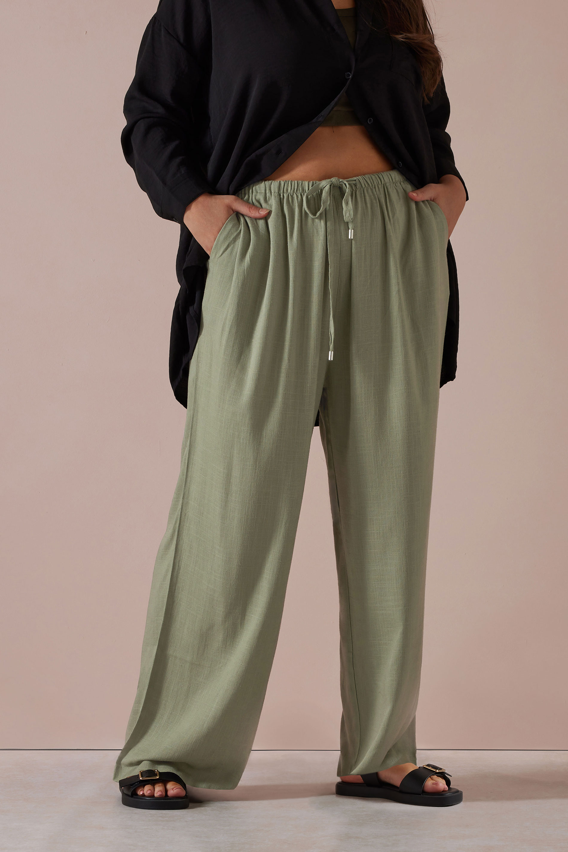 YOURS Plus Size Olive Green Linen Tie Front Trousers | Yours Clothing 1