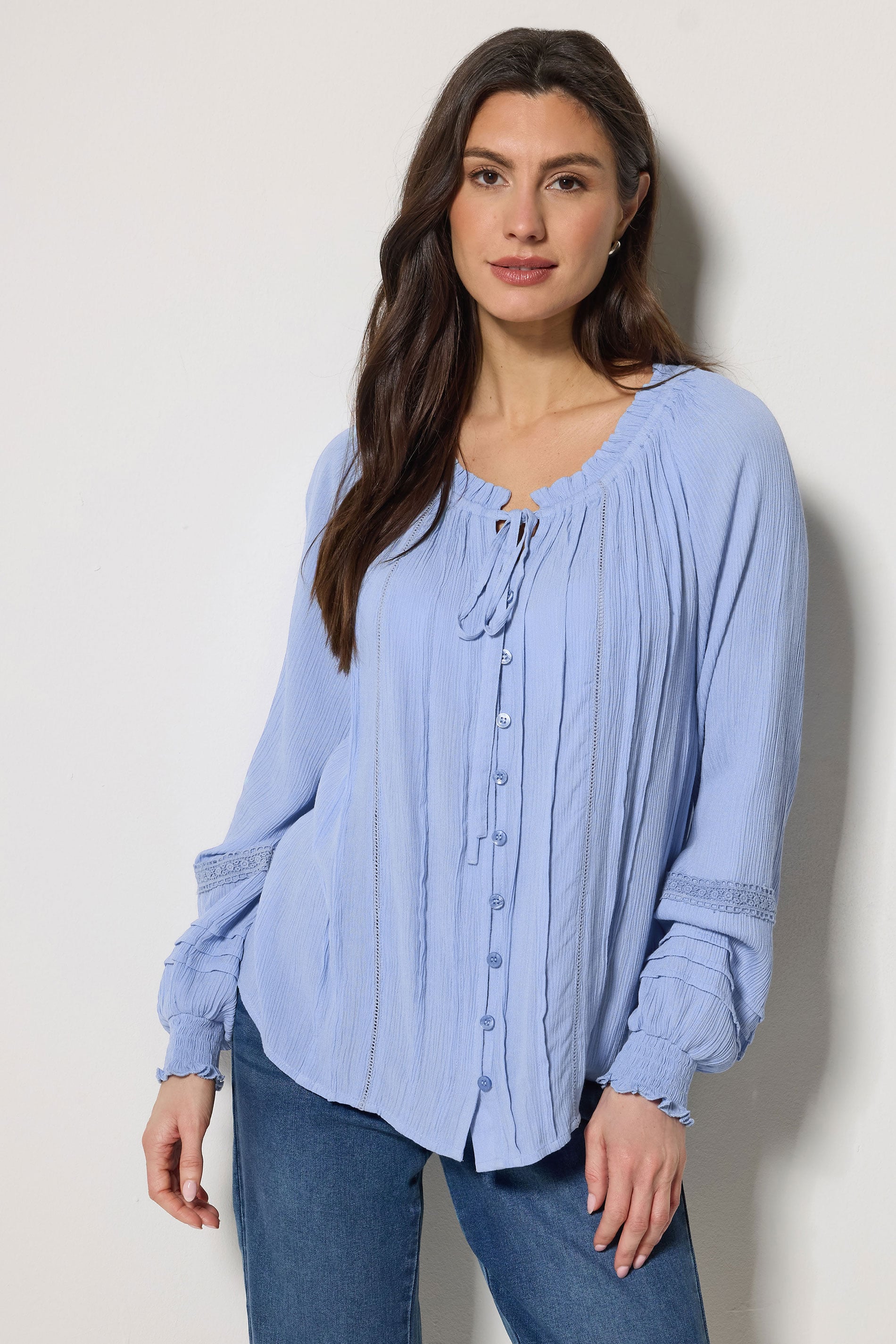 M&Co Blue Trim Detail Tie Neck Blouse | M&Co 3