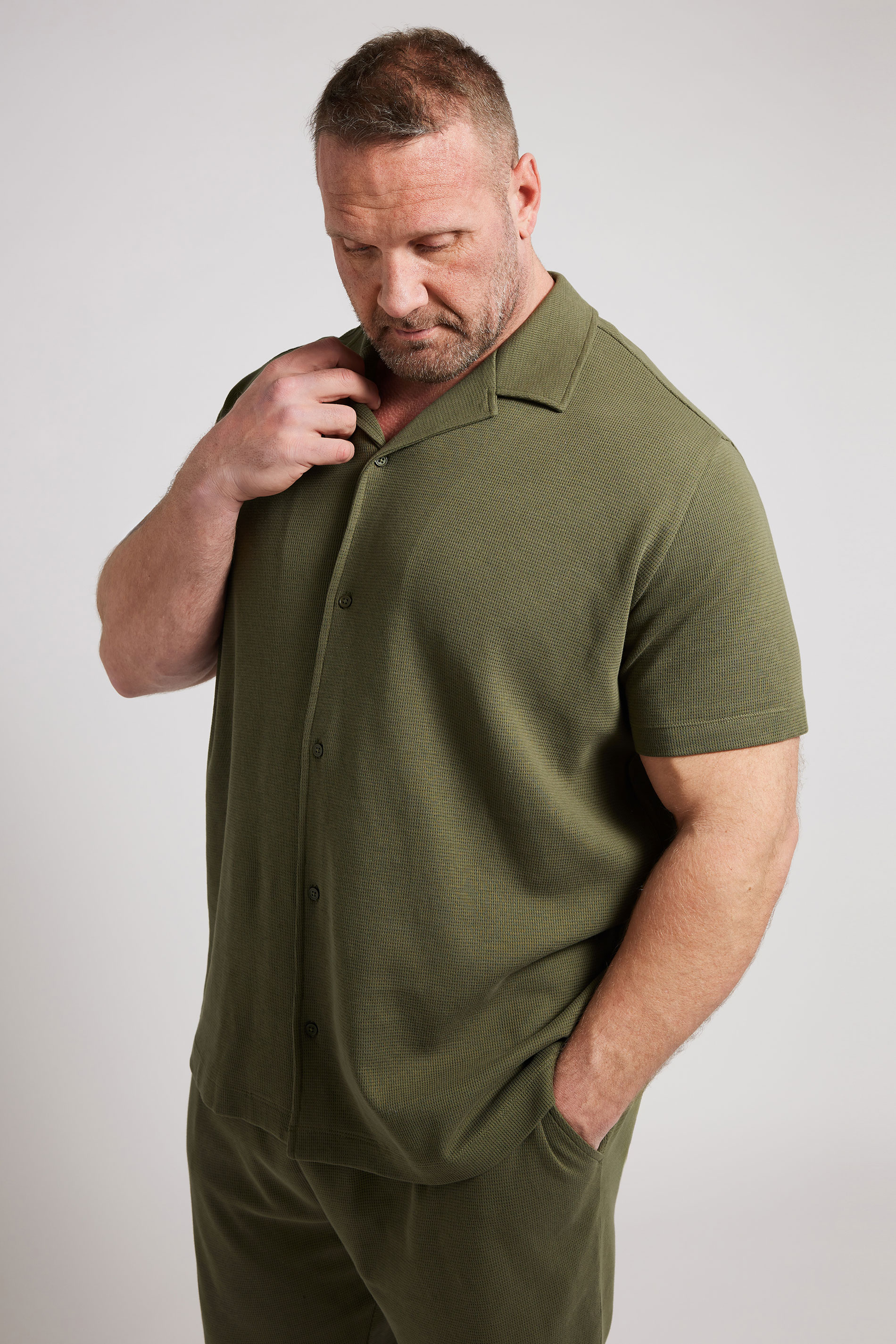 BadRhino Big & Tall Khaki Green Short Sleeve Textured Shirt | BadRhino 1
