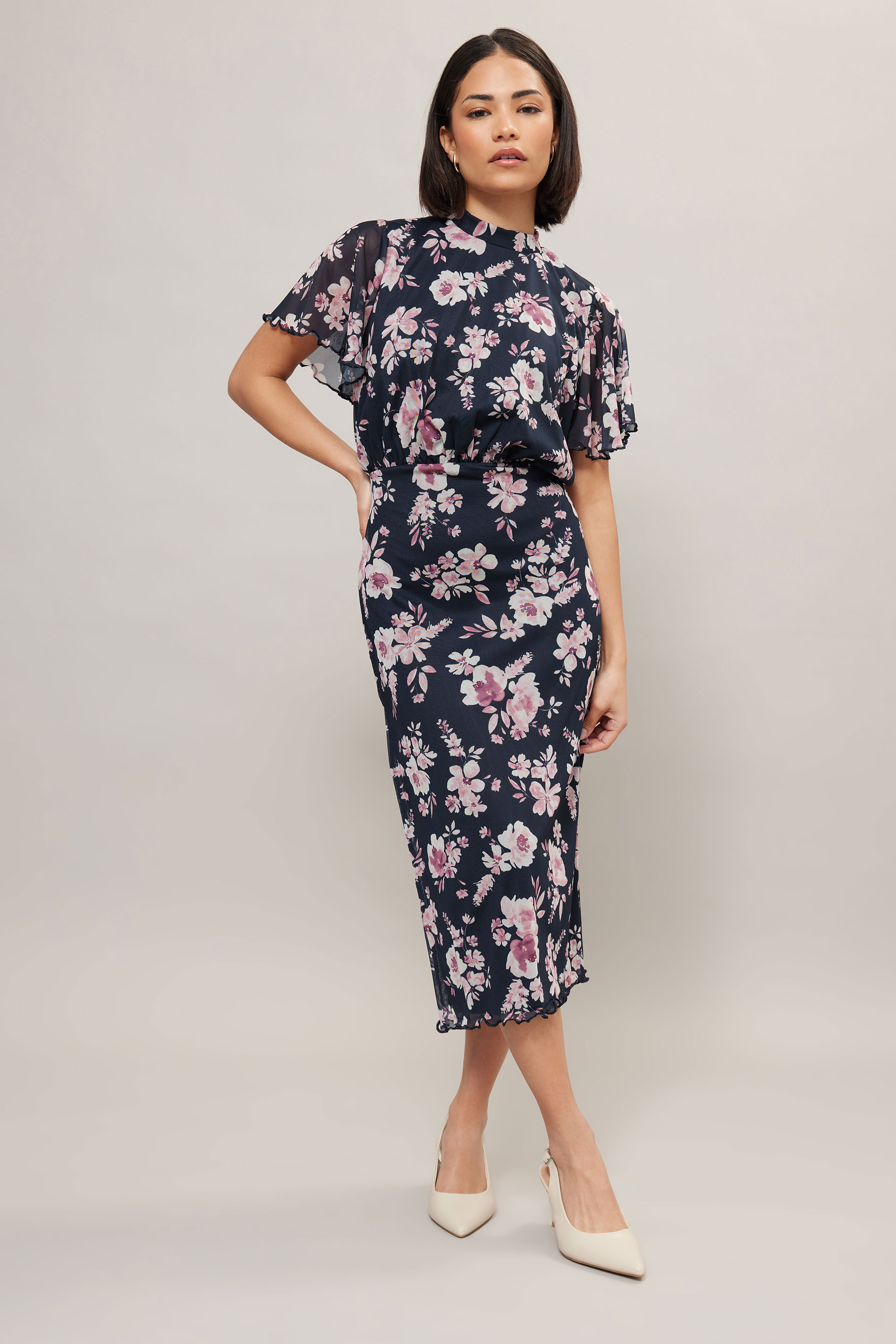 PixieGirl Petite Women's Navy Blue Floral Print Flutter Sleeve Dress | PixieGirl 2