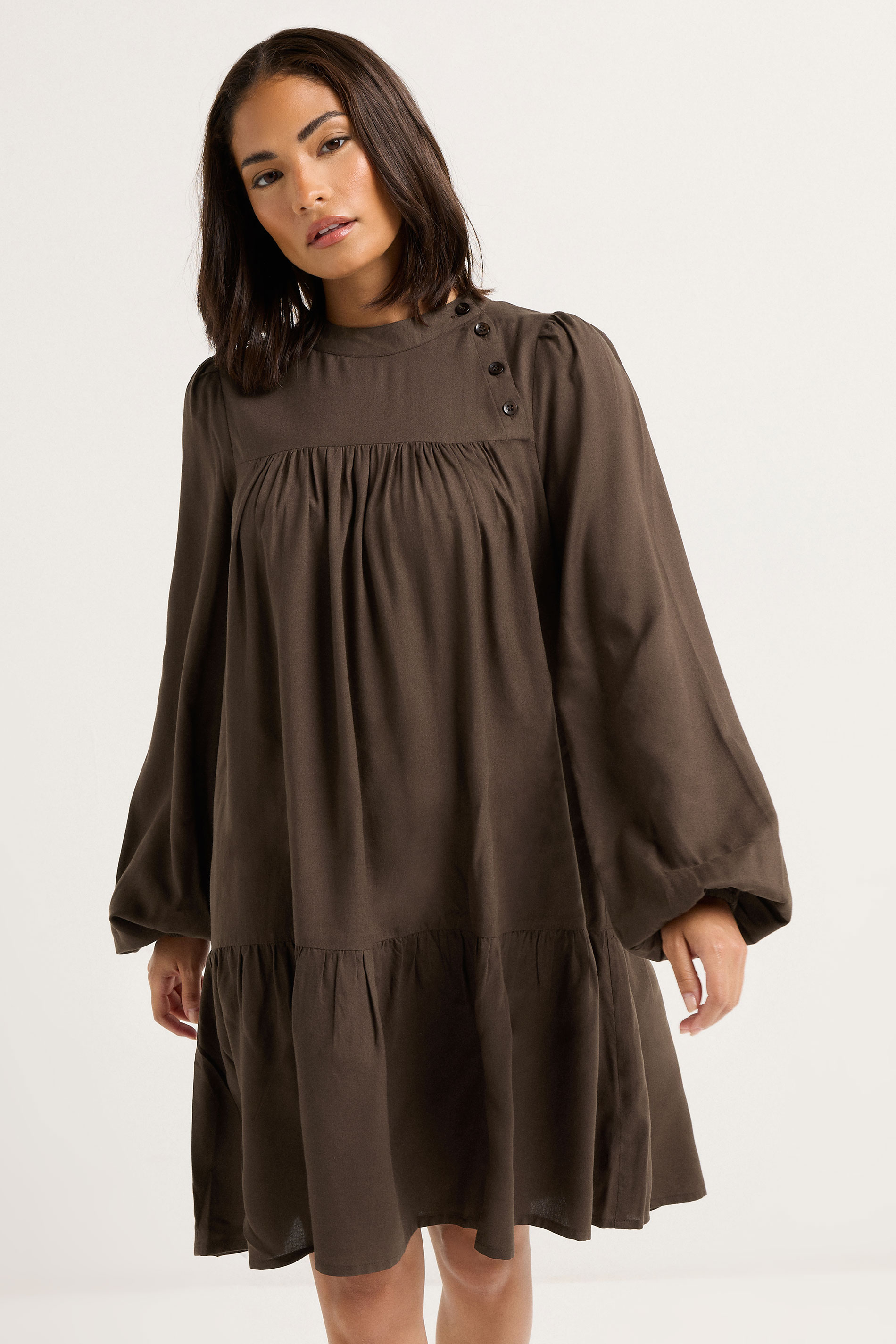 PixieGirl Petite Women's Chocolate Brown Button Smock Midi Dress | PixieGirl 1