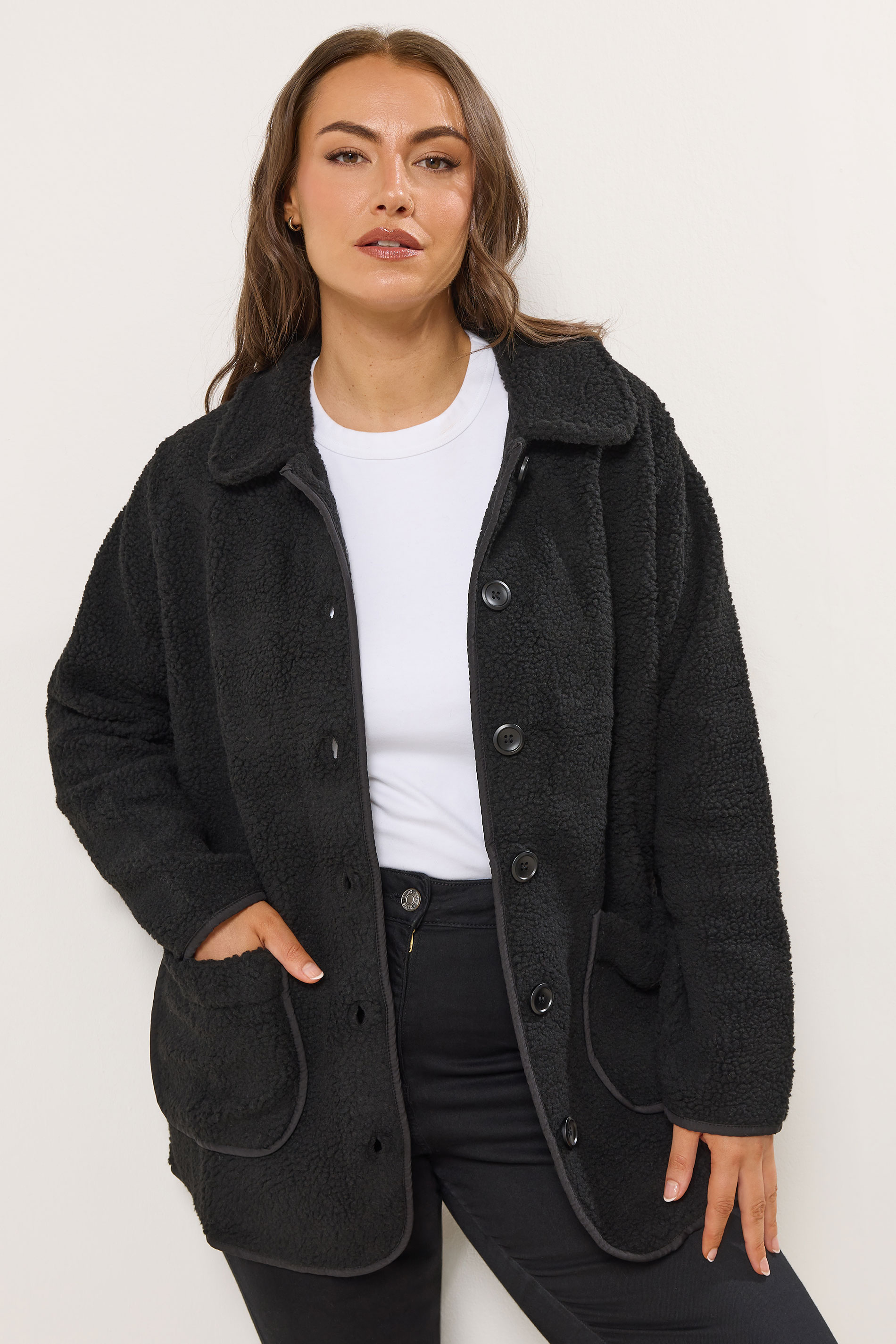 YOURS Plus Size Black Button Teddy Fleece Jacket | Yours Clothing 1