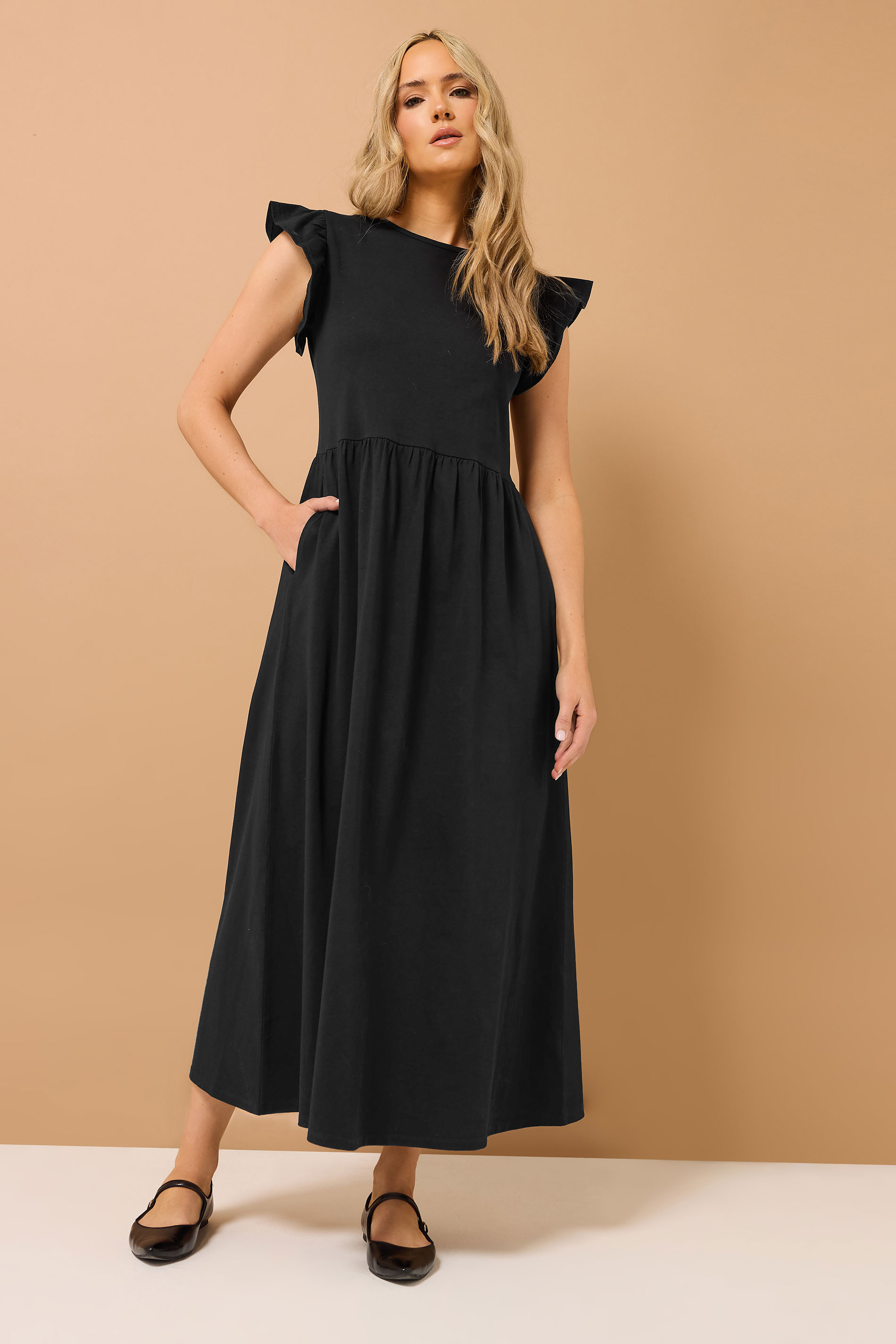 LTS Tall Black Frill Sleeve Cotton Maxi Dress | Long Tall Sally 3