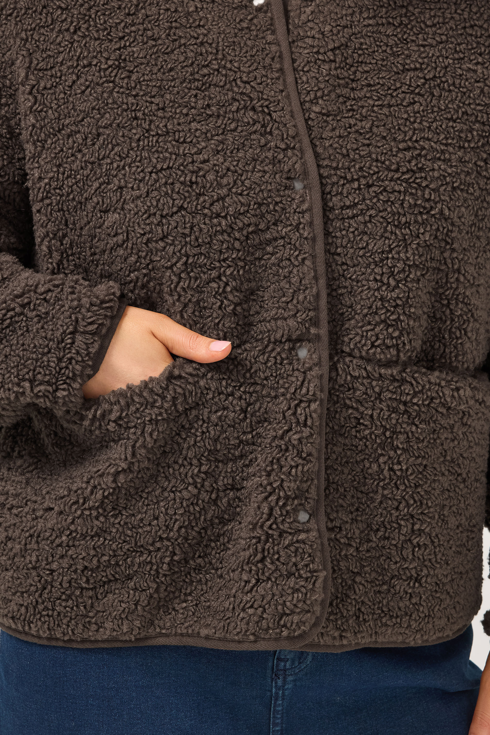 YOURS Plus Size Chocolate Brown Collarless Fleece Jacket | Yours Clothing 4