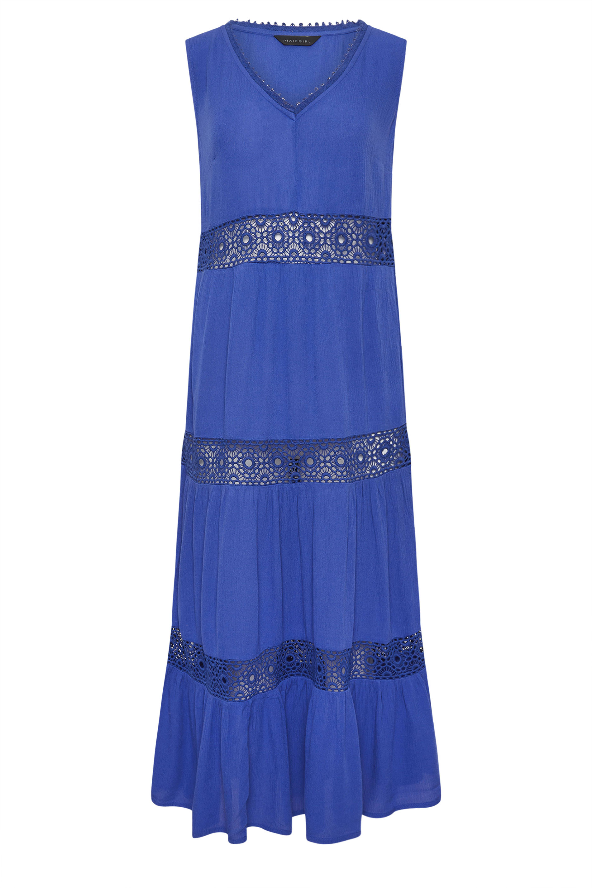 PixieGirl Petite Women's Blue Crochet Trim Tiered Cotton Maxi Dress | PixieGirl 5