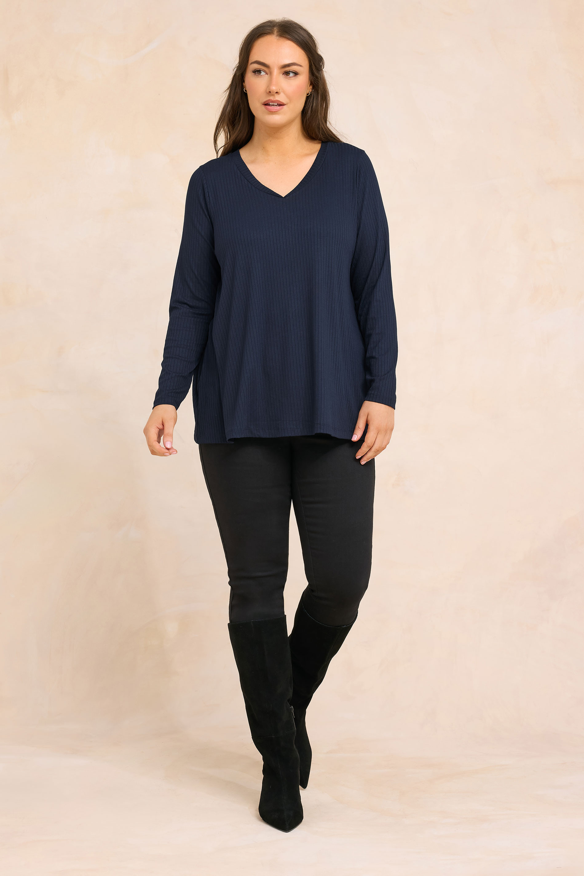 EVANS Plus Size Navy Blue Premium Ribbed Modal Blend Swing Top 1