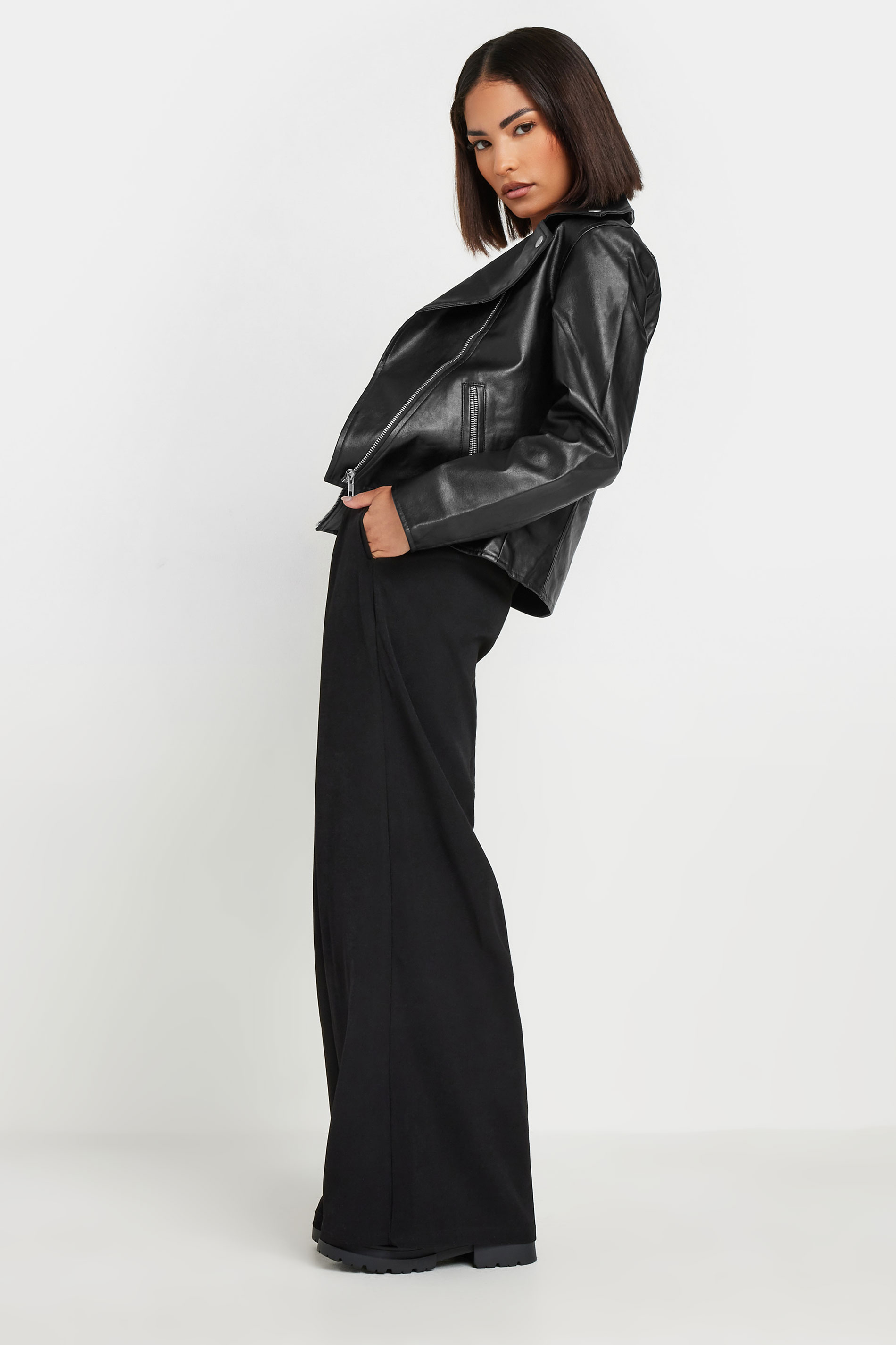 Petite Black Faux Leather Biker Jacket | PixieGirl  1