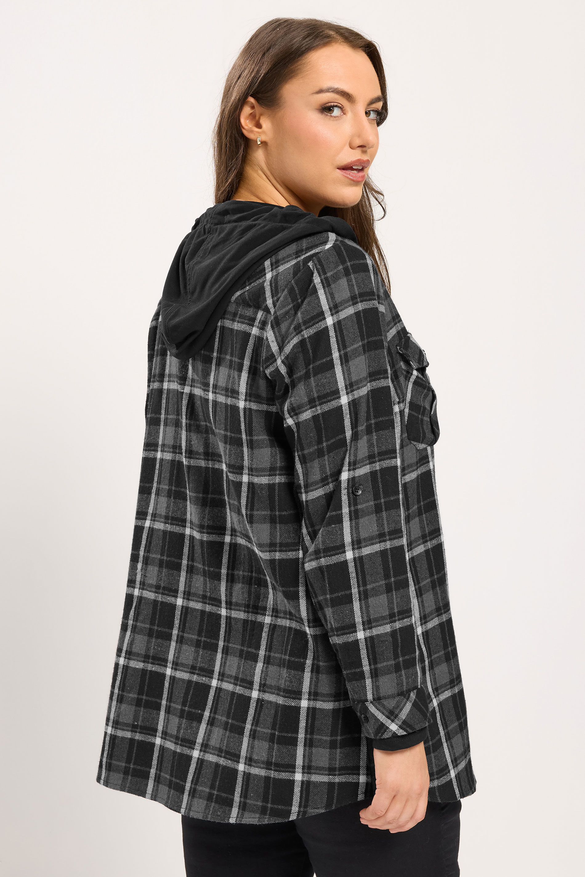 YOURS Plus Size Grey Hooded Check Shirt | Yours Clothing 2