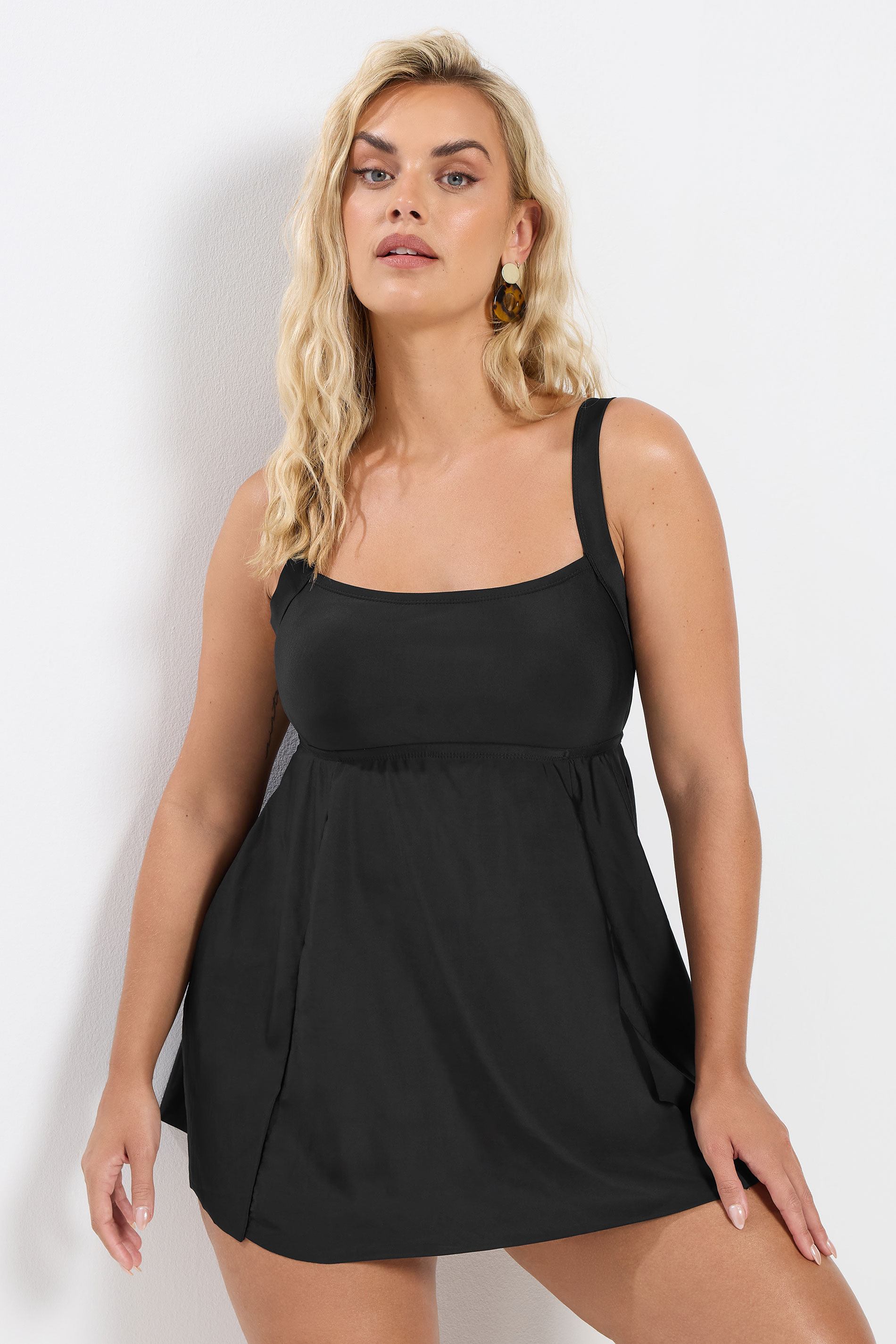 YOURS Plus Size Black Square Neckline Tummy Control Swim Dress | Yours Clothing 1