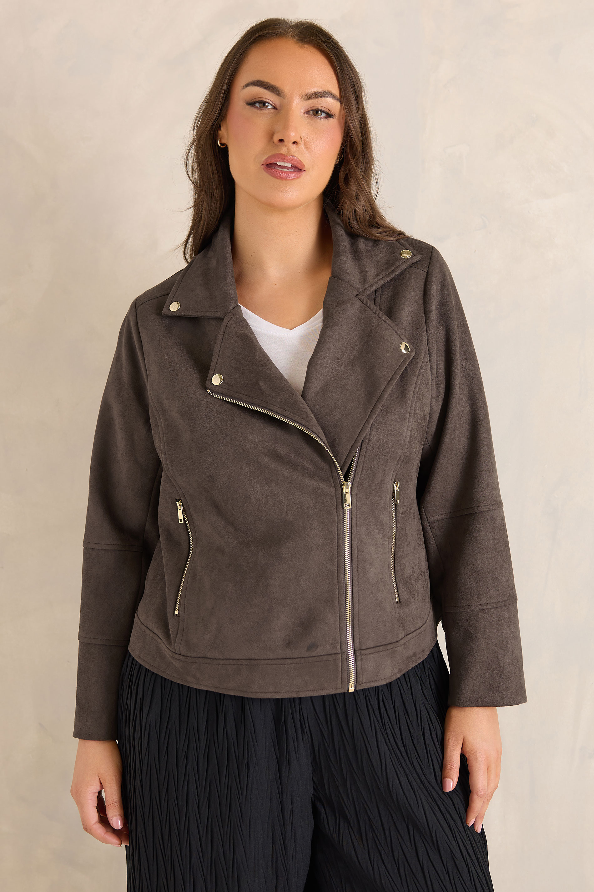 EVANS Plus Size Chocolate Brown Faux Suede Biker Jacket 2