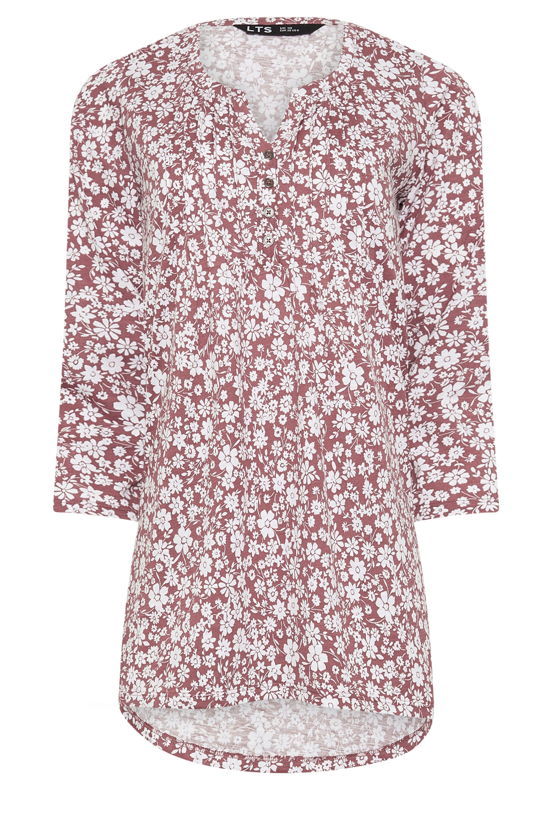 LTS Tall Blush Pink Ditsy Floral Cotton Henley Top | Long Tall Sally 5