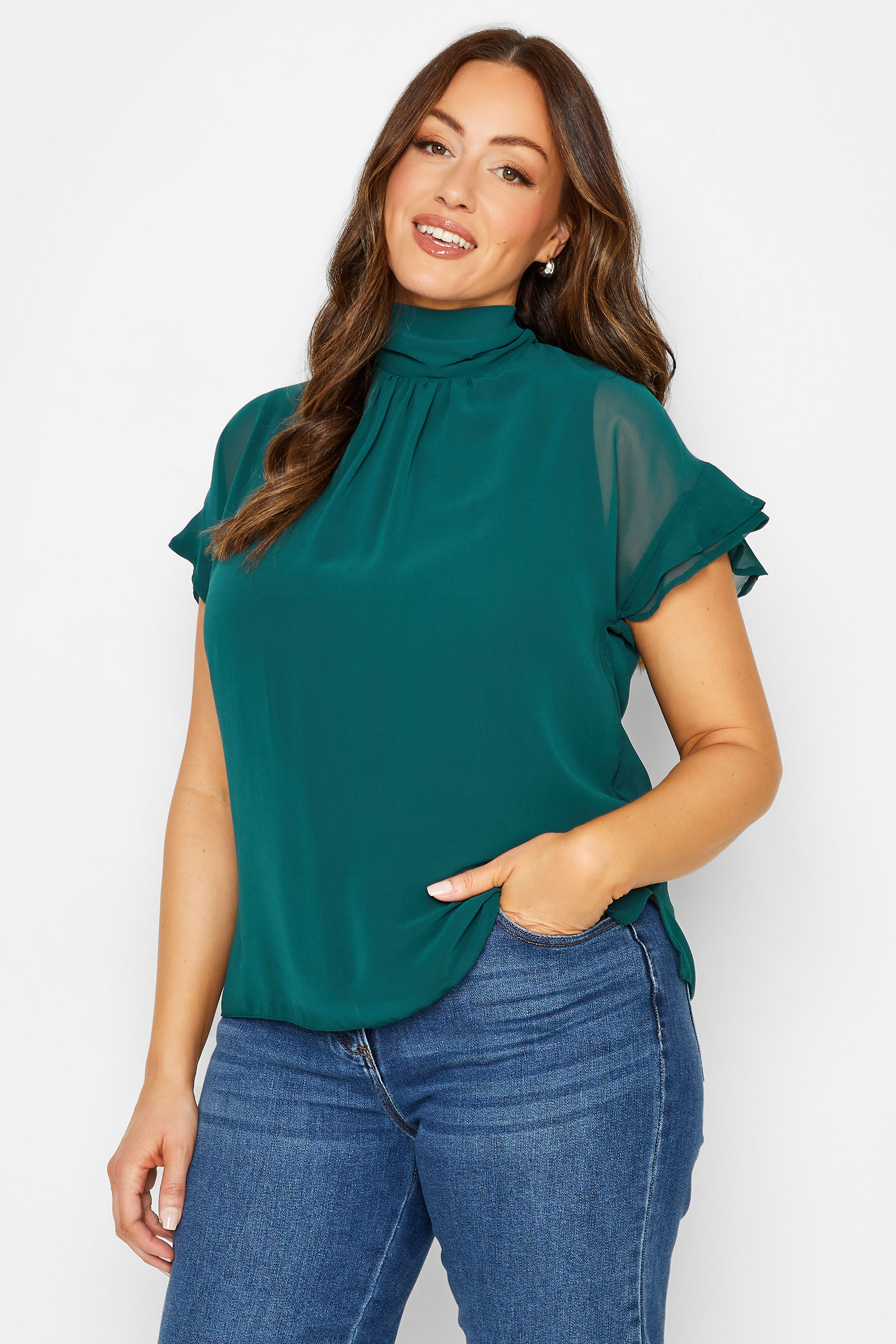 M&Co Green High Neck Frill Sleeve Blouse | M&Co 1