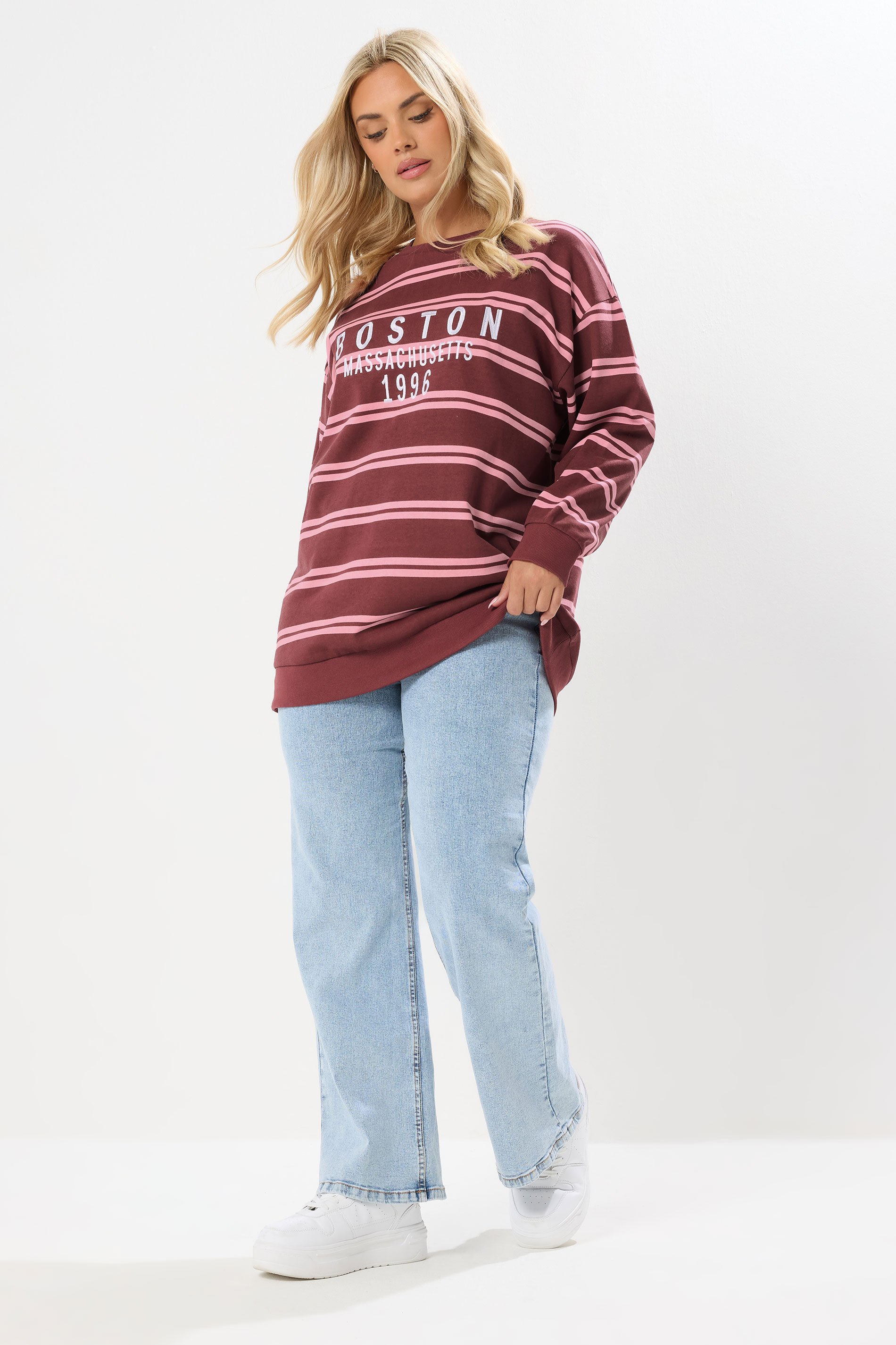 YOURS Plus Size Red 'Boston' Slogan Stripe Sweatshirt | Yours Clothing 1