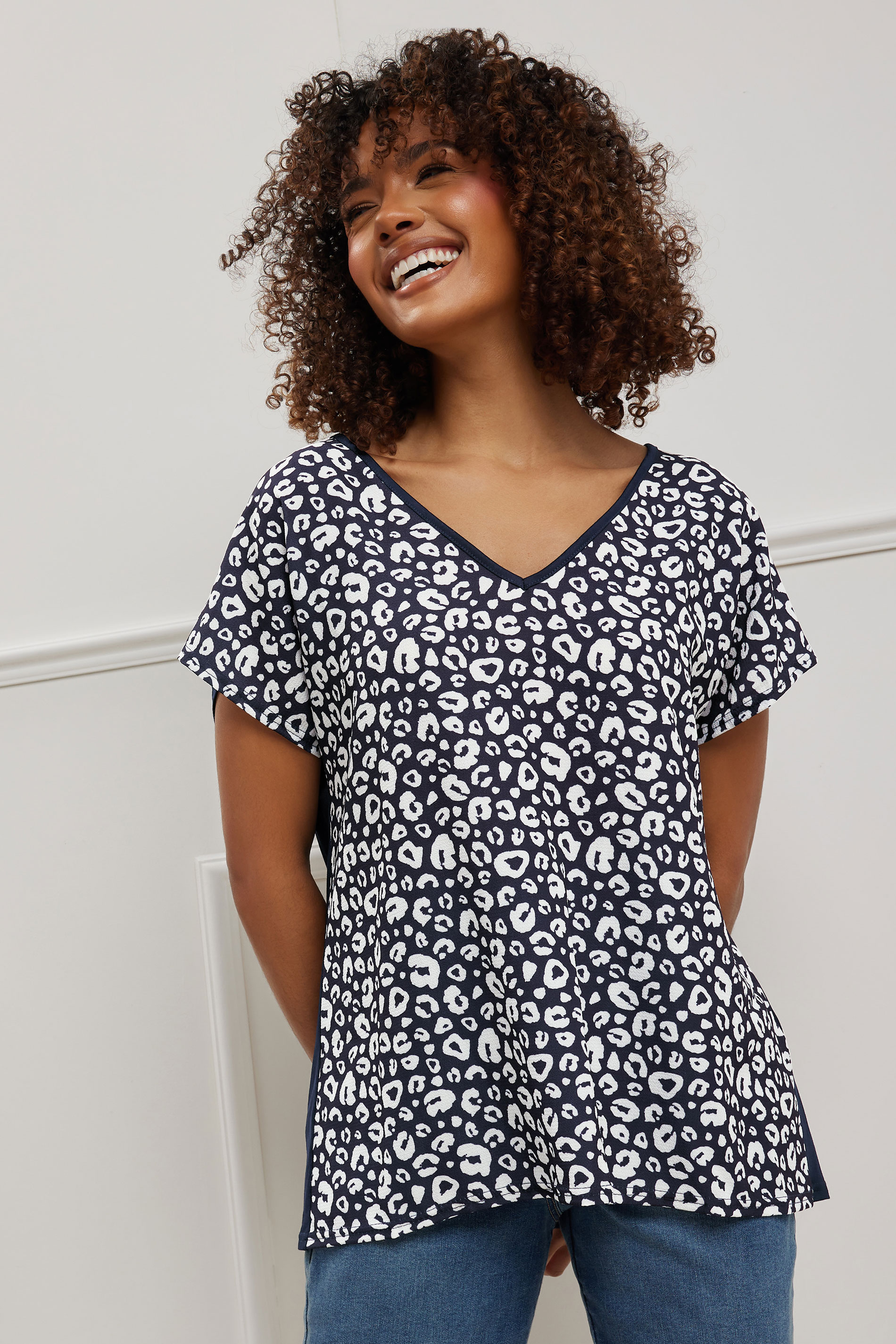 M&Co Navy Blue Animal Print V-Neck Top | M&Co 3