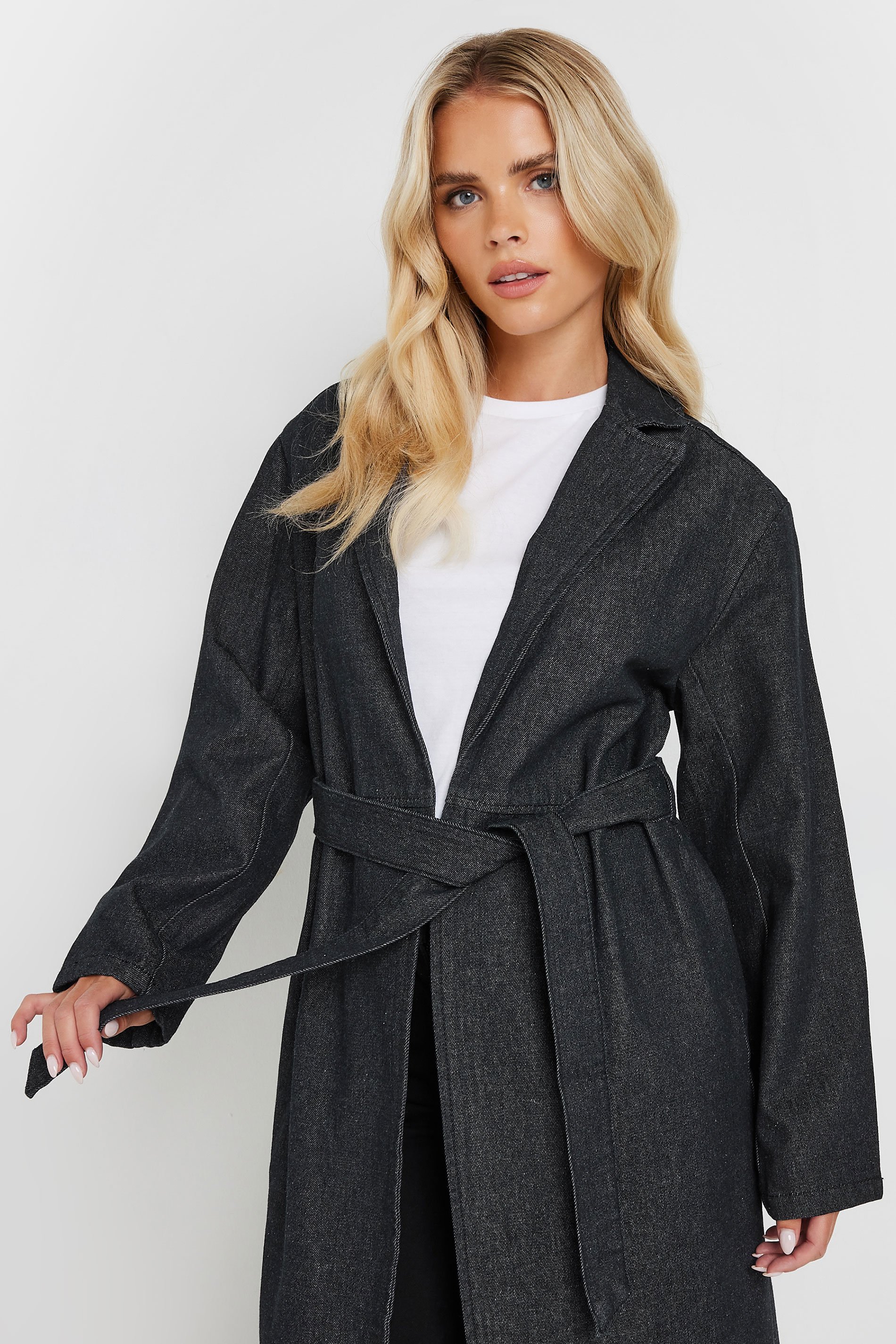 PixieGirl Petite Indigo Blue Denim Belted Cotton Trench Coat | PixieGirl 5