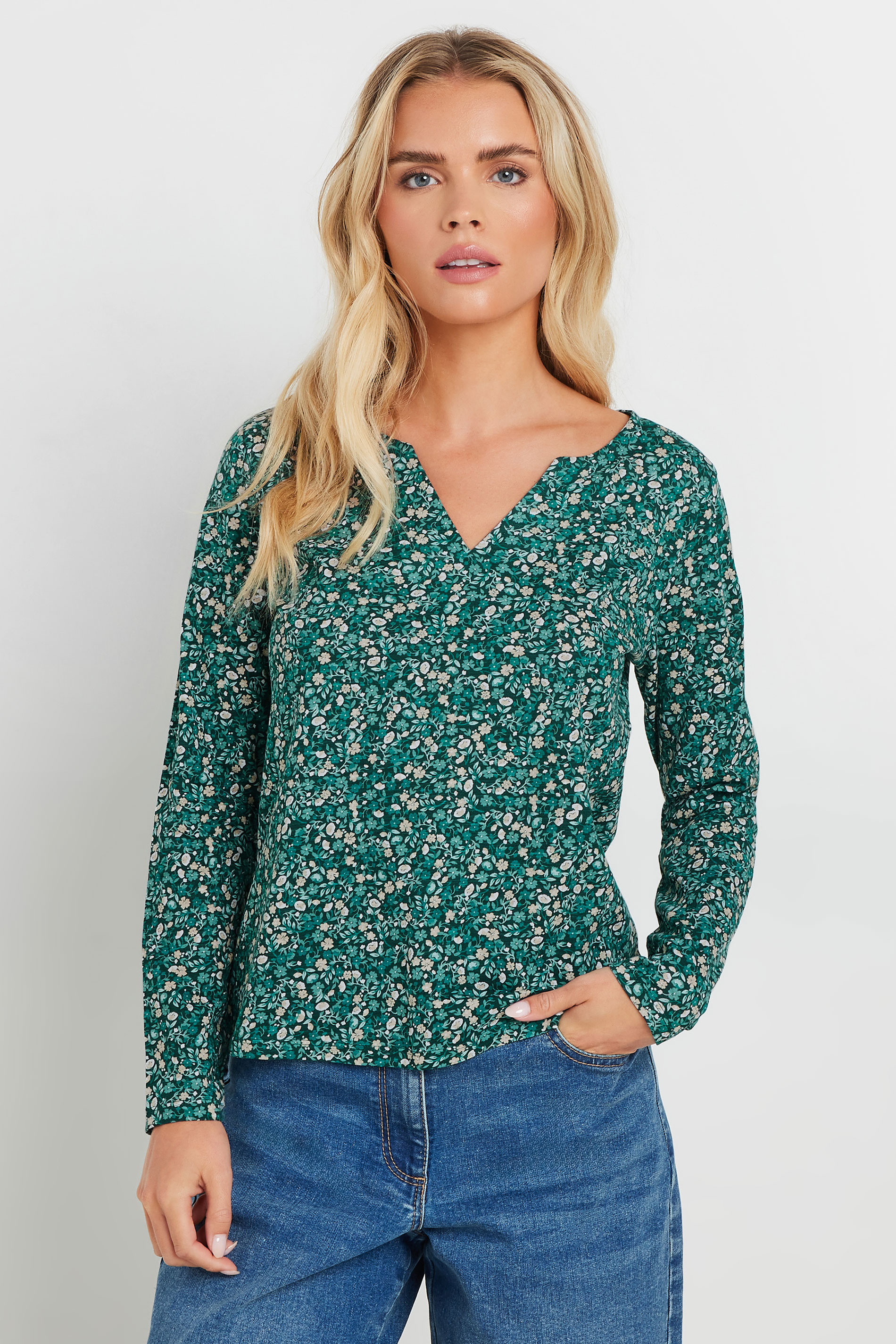 M&Co Petite Green Ditsy Floral Print Cotton Notch Neck T-Shirt | M&Co 3