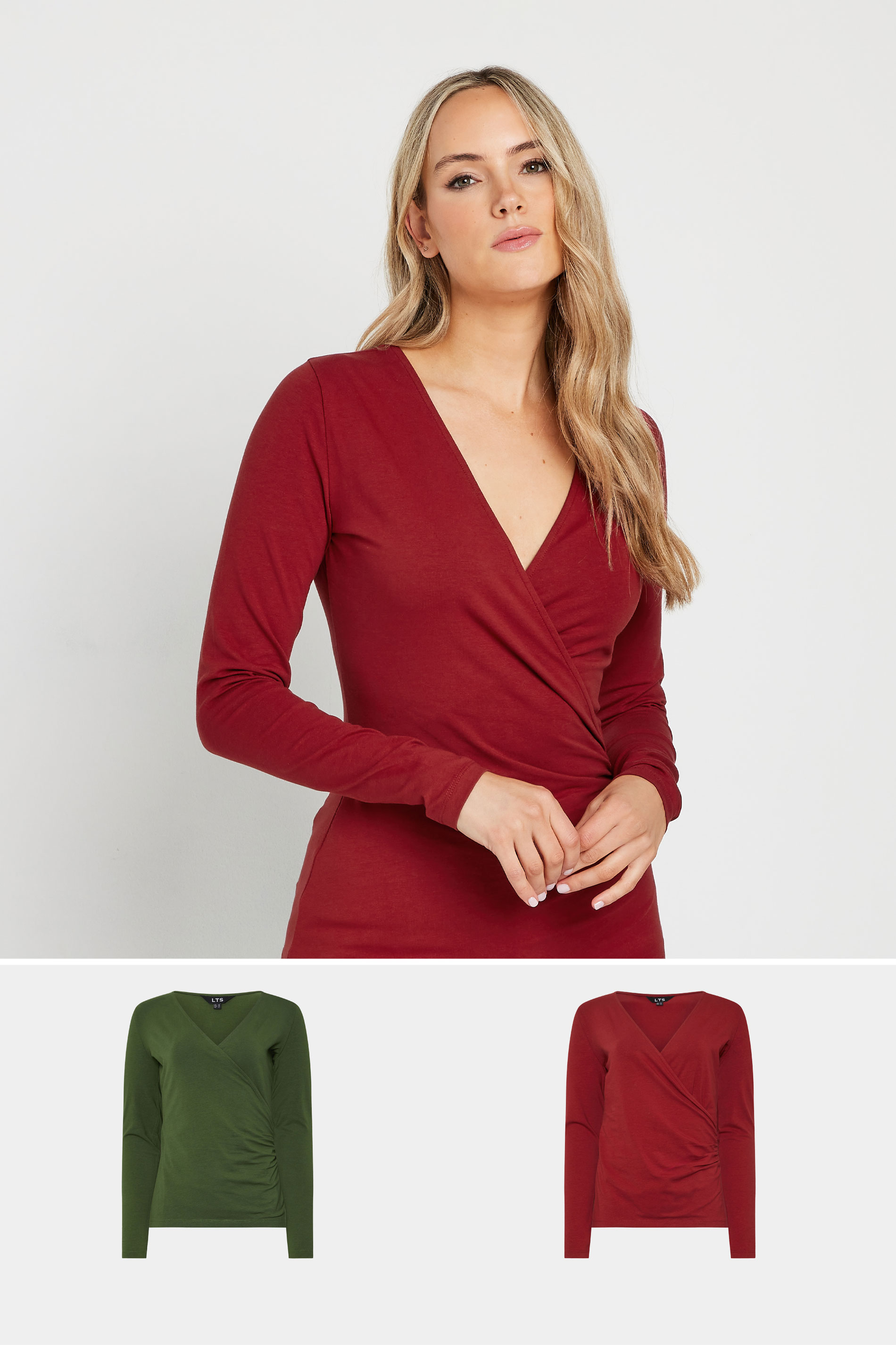LTS Tall 2 PACK Khaki Green & Red Wrap Tops | Long Tall Sally 3