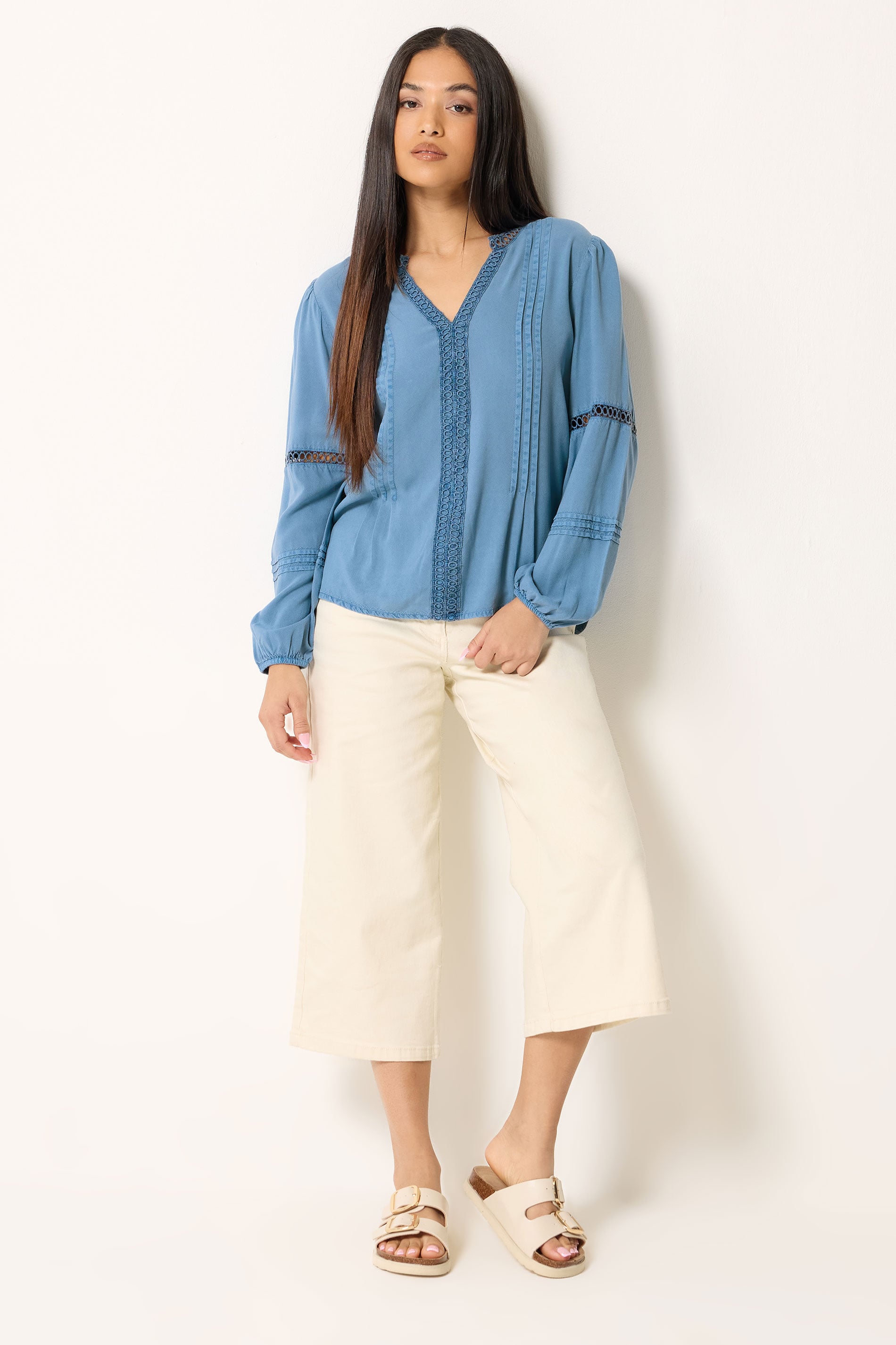 M&Co Petite Blue Lace Trim Pintuck Blouse | M&Co 1