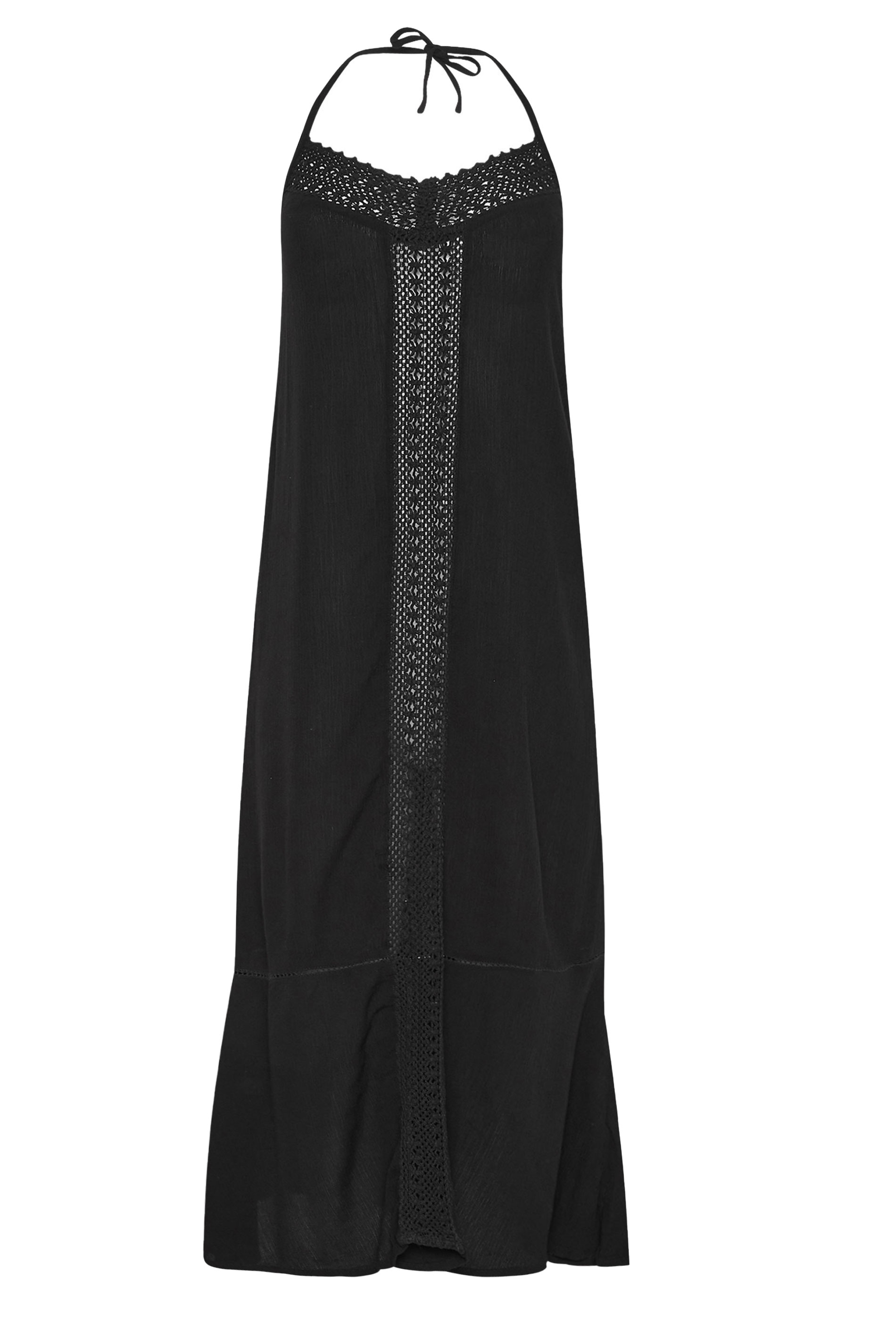 PixieGirl Petite Women's Black Crochet Trim Halter Neck Maxi Dress | PixieGirl 7