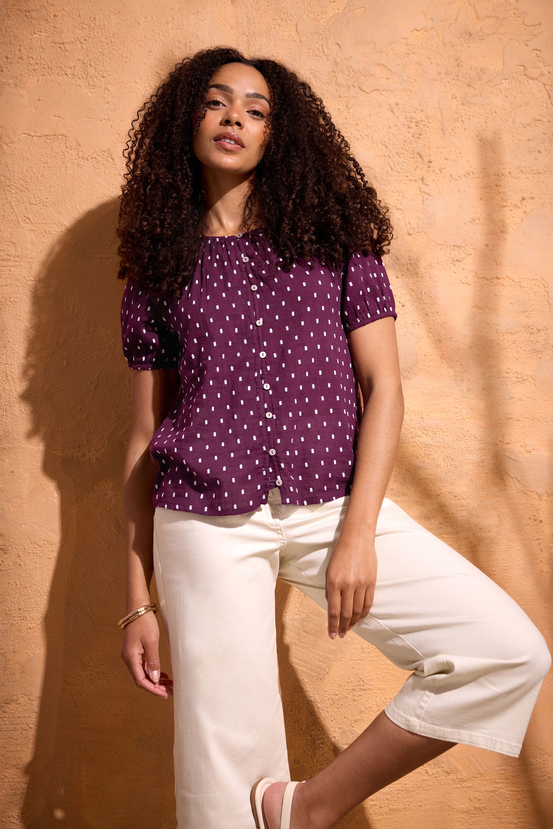 M&Co Berry Purple Dobby Short Sleeve Blouse | M&Co 3