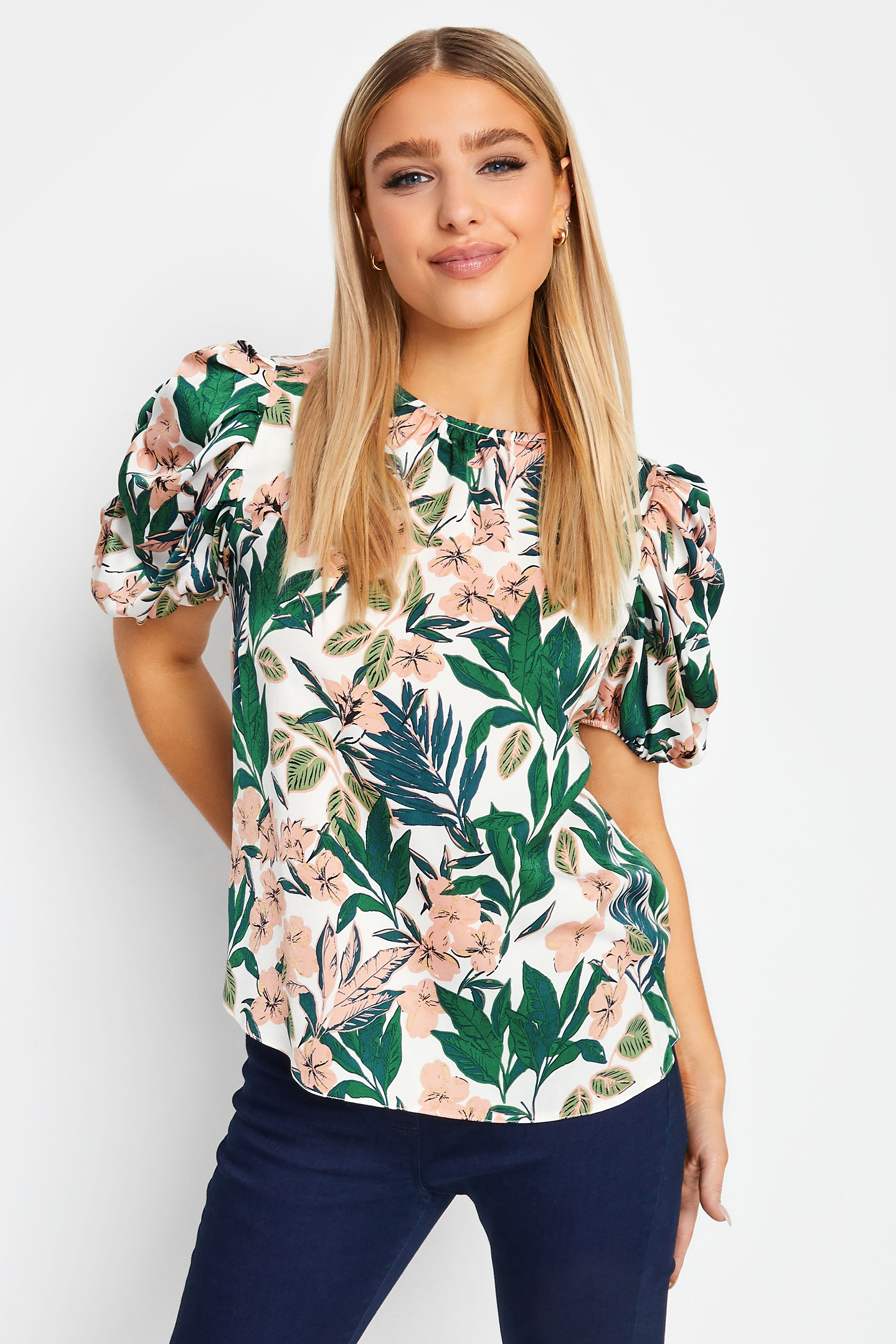 M&Co White Floral Print Puff Sleeve Blouse | M&Co  1