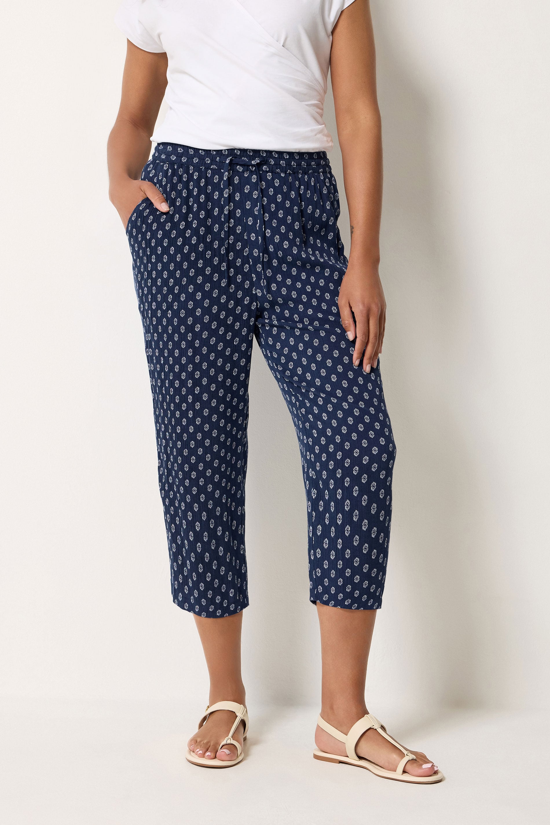 M&Co Navy Blue Dobby Cropped Trousers | M&Co 3