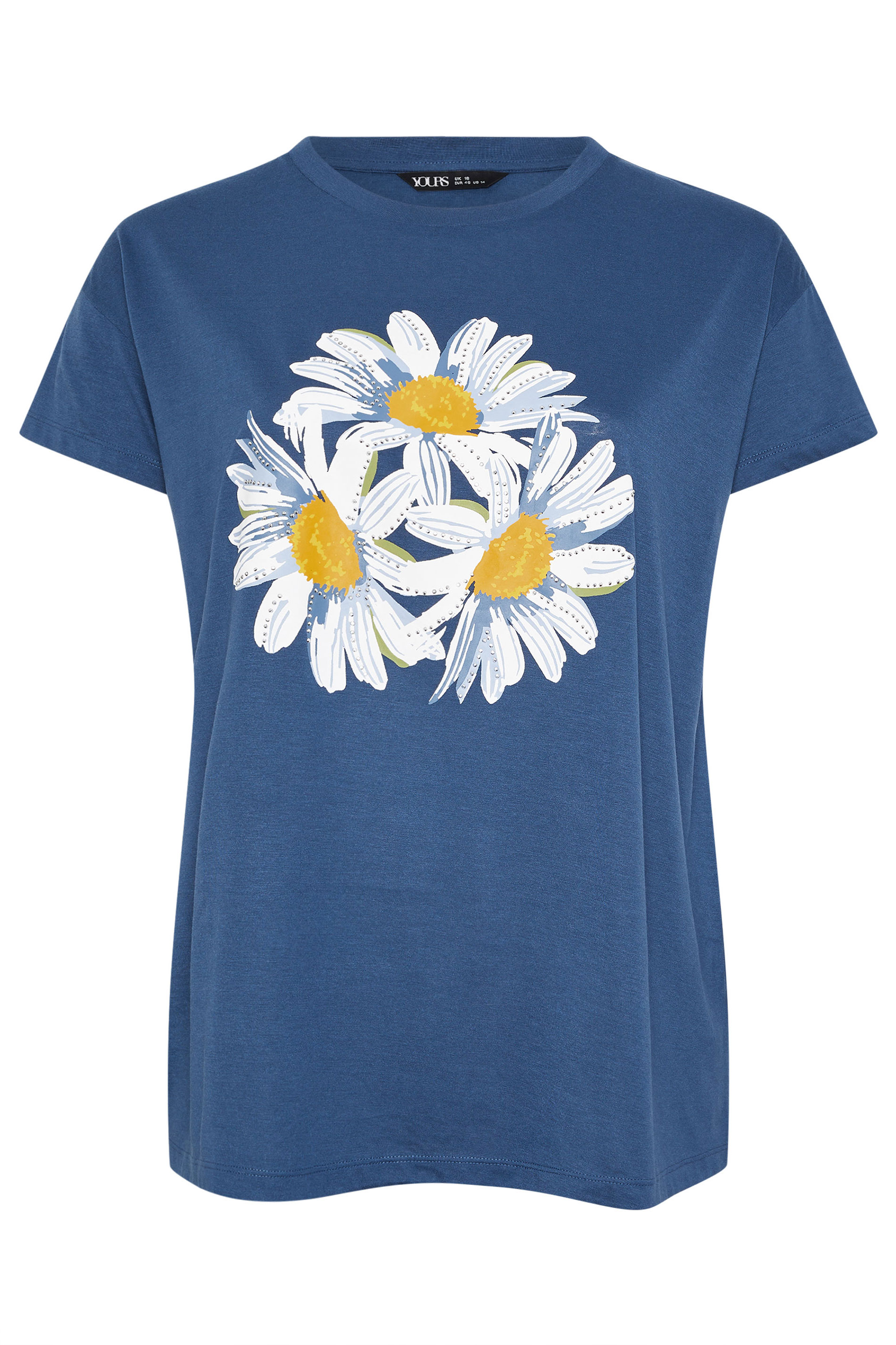 YOURS Plus Size Blue Daisy Embellished Graphic T-Shirt | Yours Clothing 5