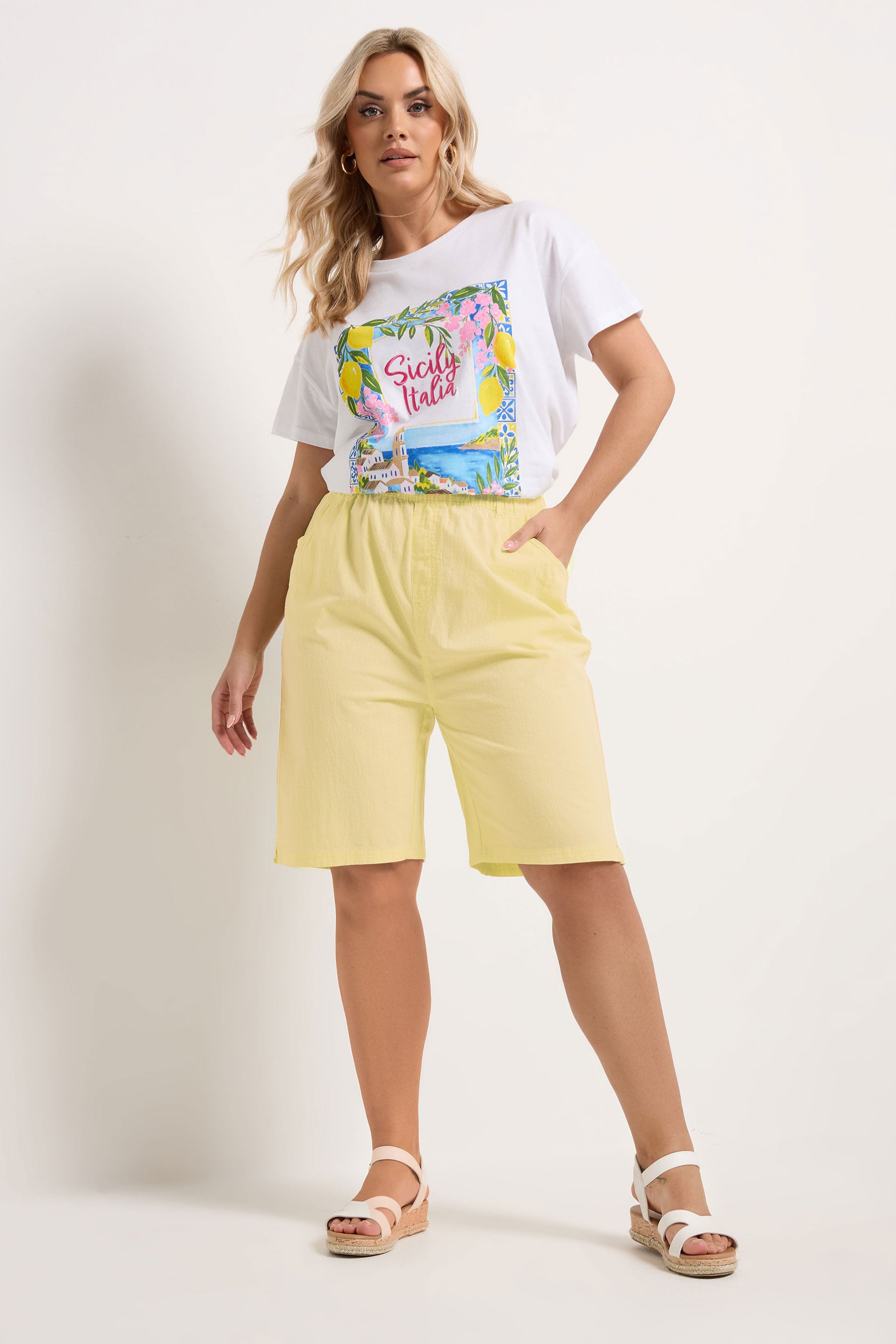 YOURS Plus Size Yellow Cool Cotton Shorts | Yours Clothing 1