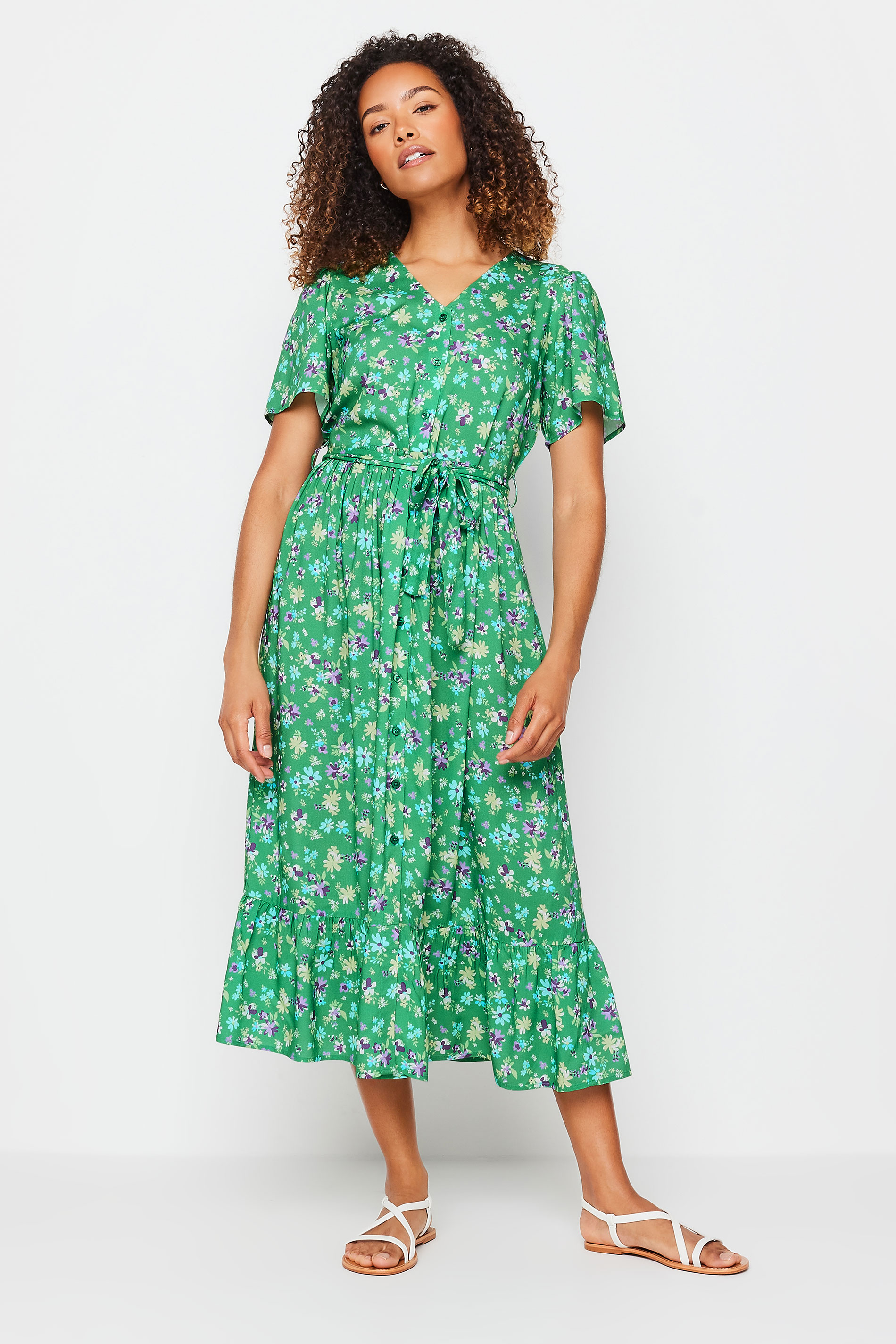 M&Co Green Floral Print Tie Waist Short Sleeve Maxi Dress | M&Co 3
