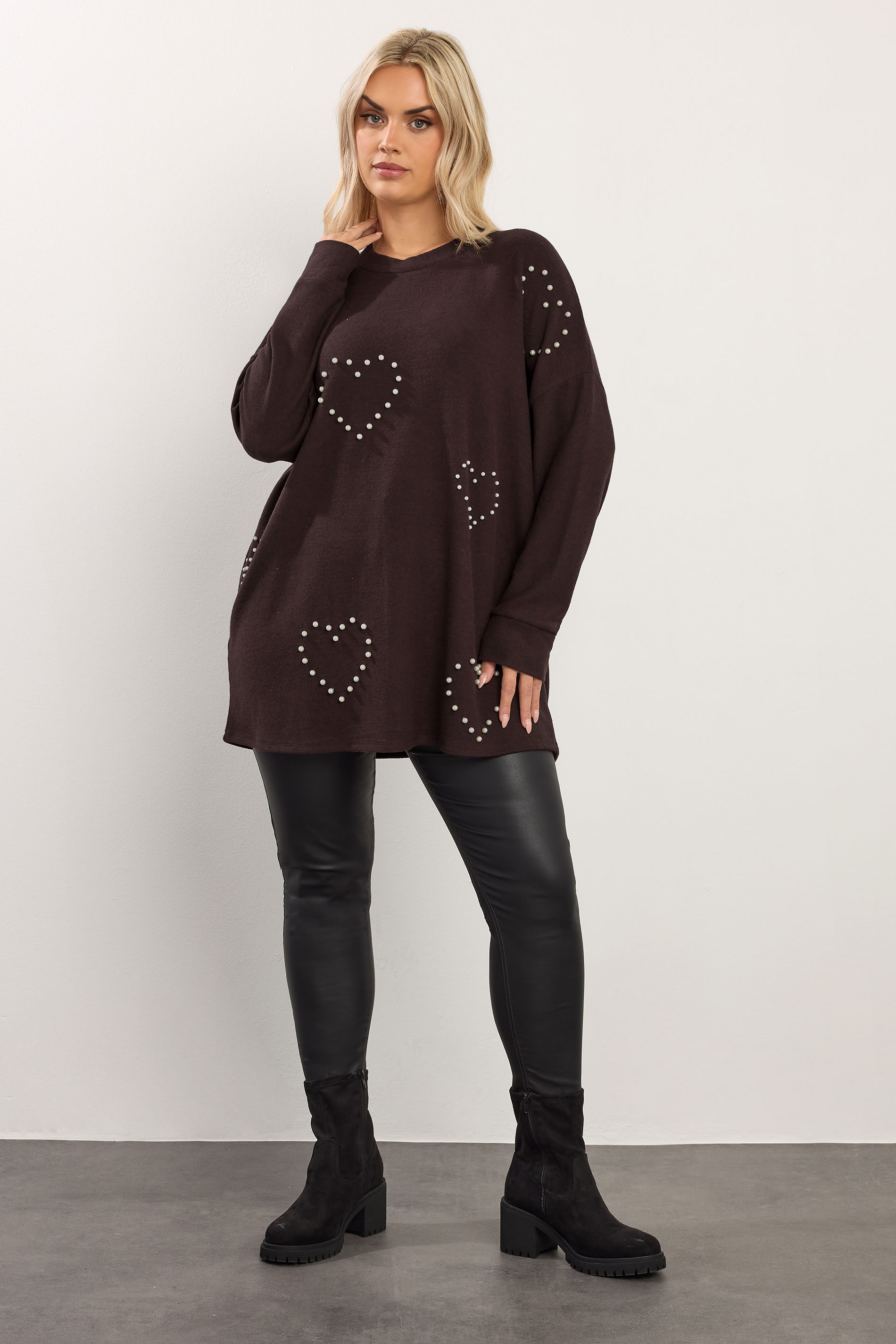 YOURS Plus Size Chocolate Brown Pearl Embellished Soft Touch Jumper | Yours Clothing 1