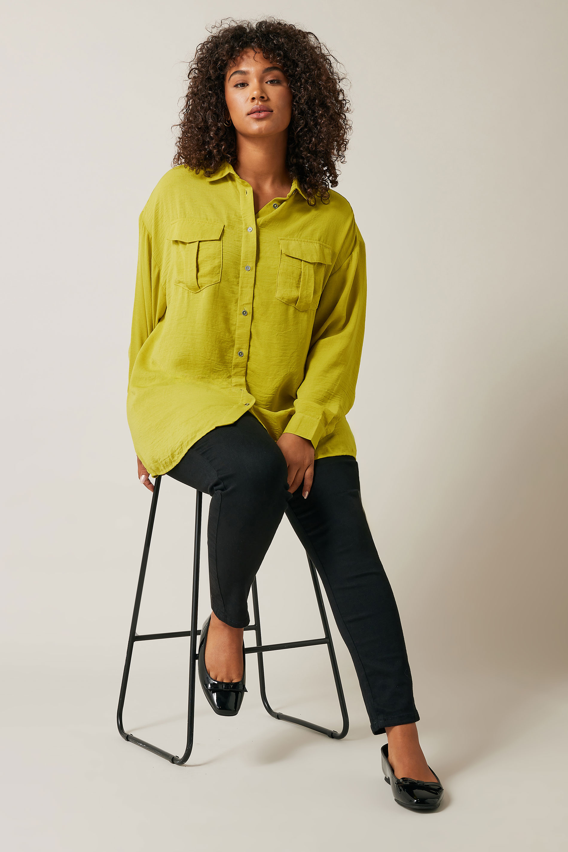 EVANS Plus Size Chartreuse Green Long Sleeve Utility Shirt | Evans  2
