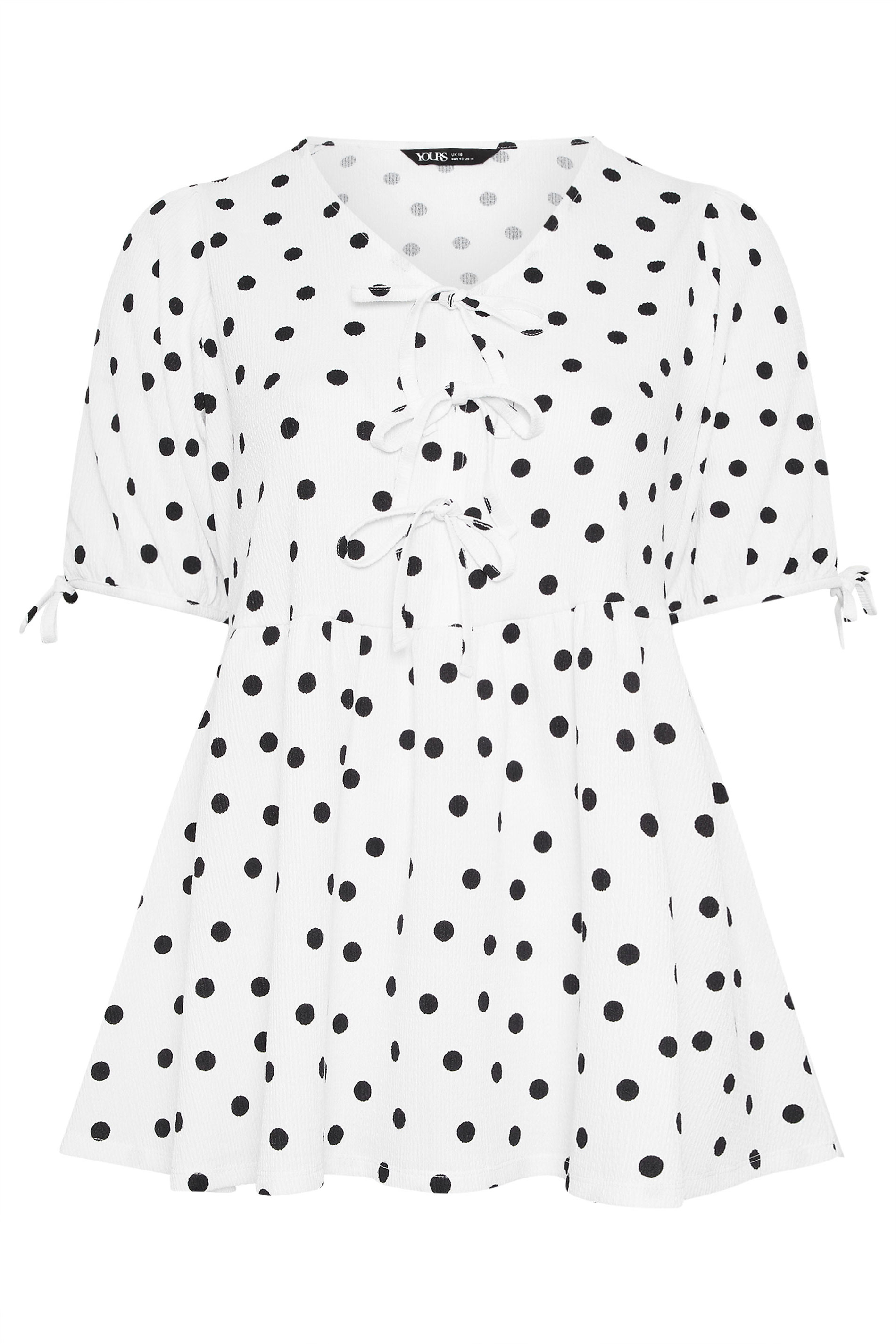 YOURS  Plus Size White Polka Dot Bow Front Peplum Top | Yours Clothing 6