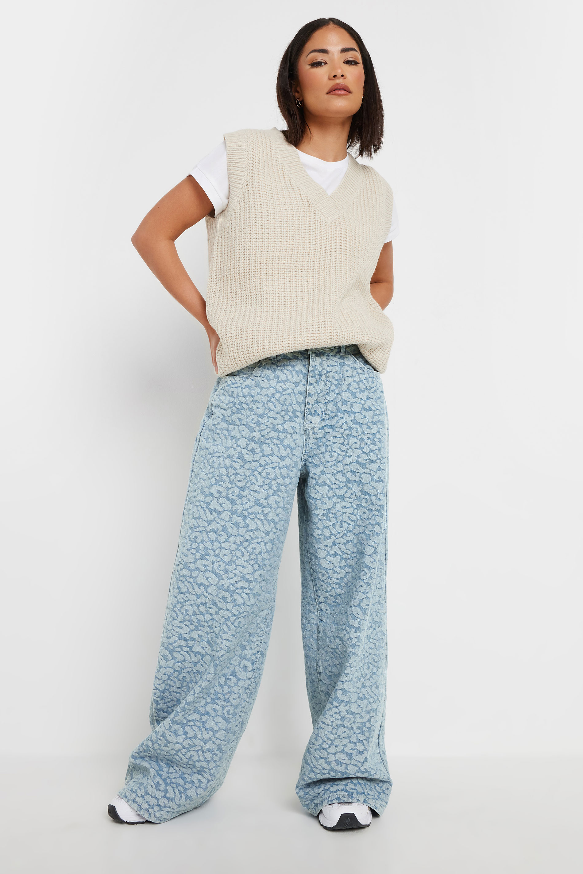 PixieGirl Petite Women's Light Blue Denim Leopard Cotton Wide Leg Jeans | PixieGirl 3