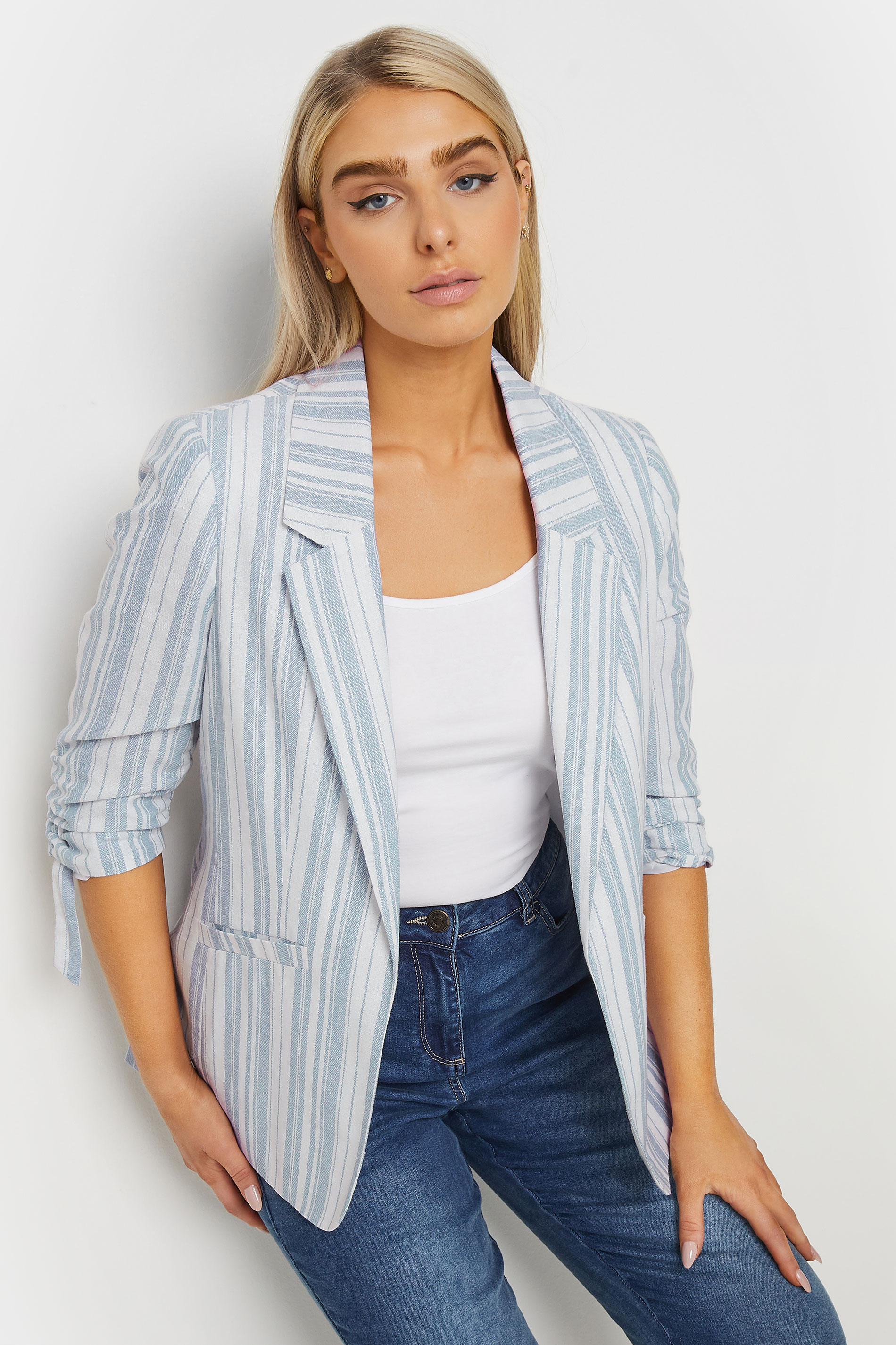 M&Co White & Blue Striped Ruched Sleeve Blazer | M&Co 1