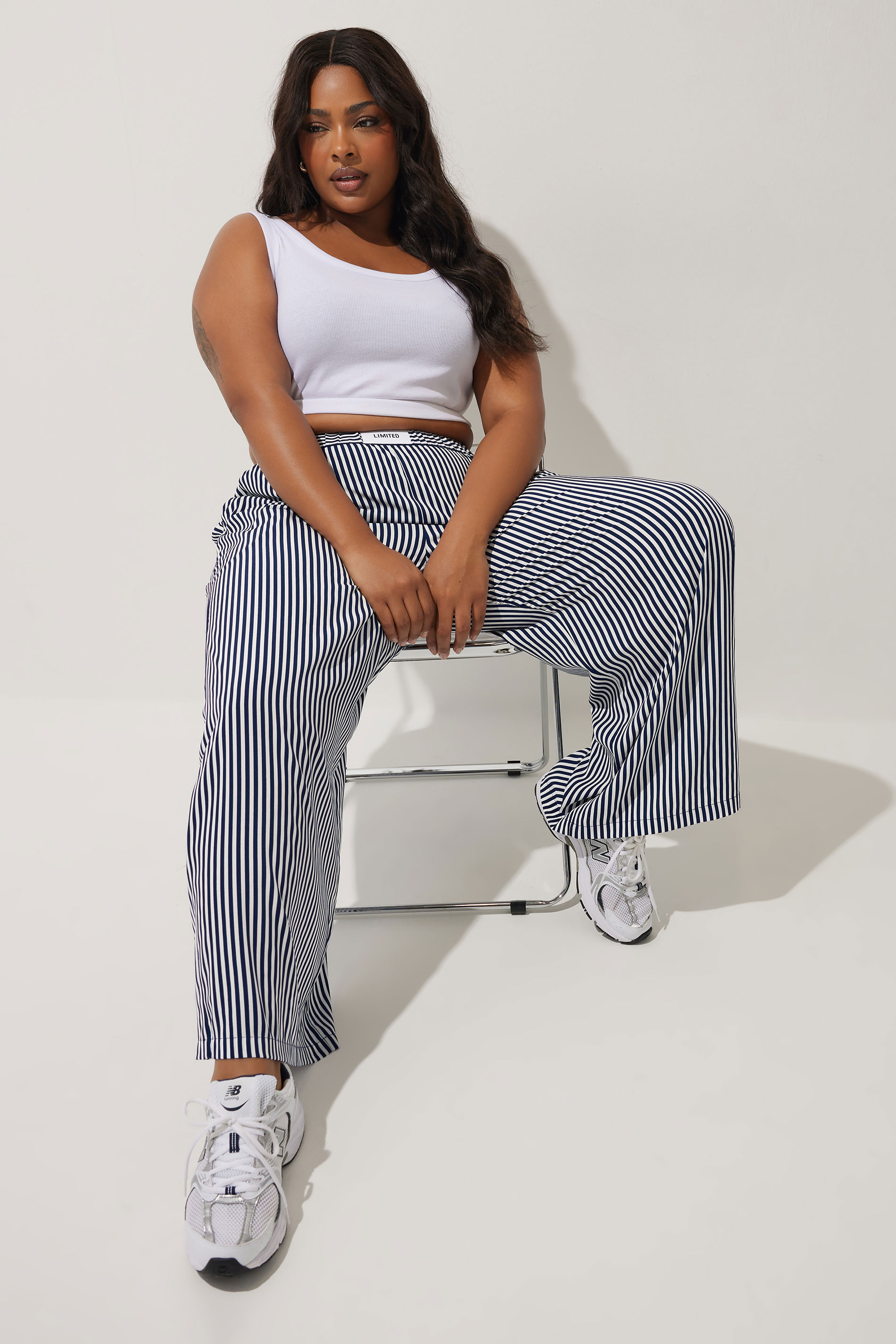 LIMITED COLLECTION Plus Size Navy Blue Stripe Boxer Waist Trousers | Yours Clothing 1