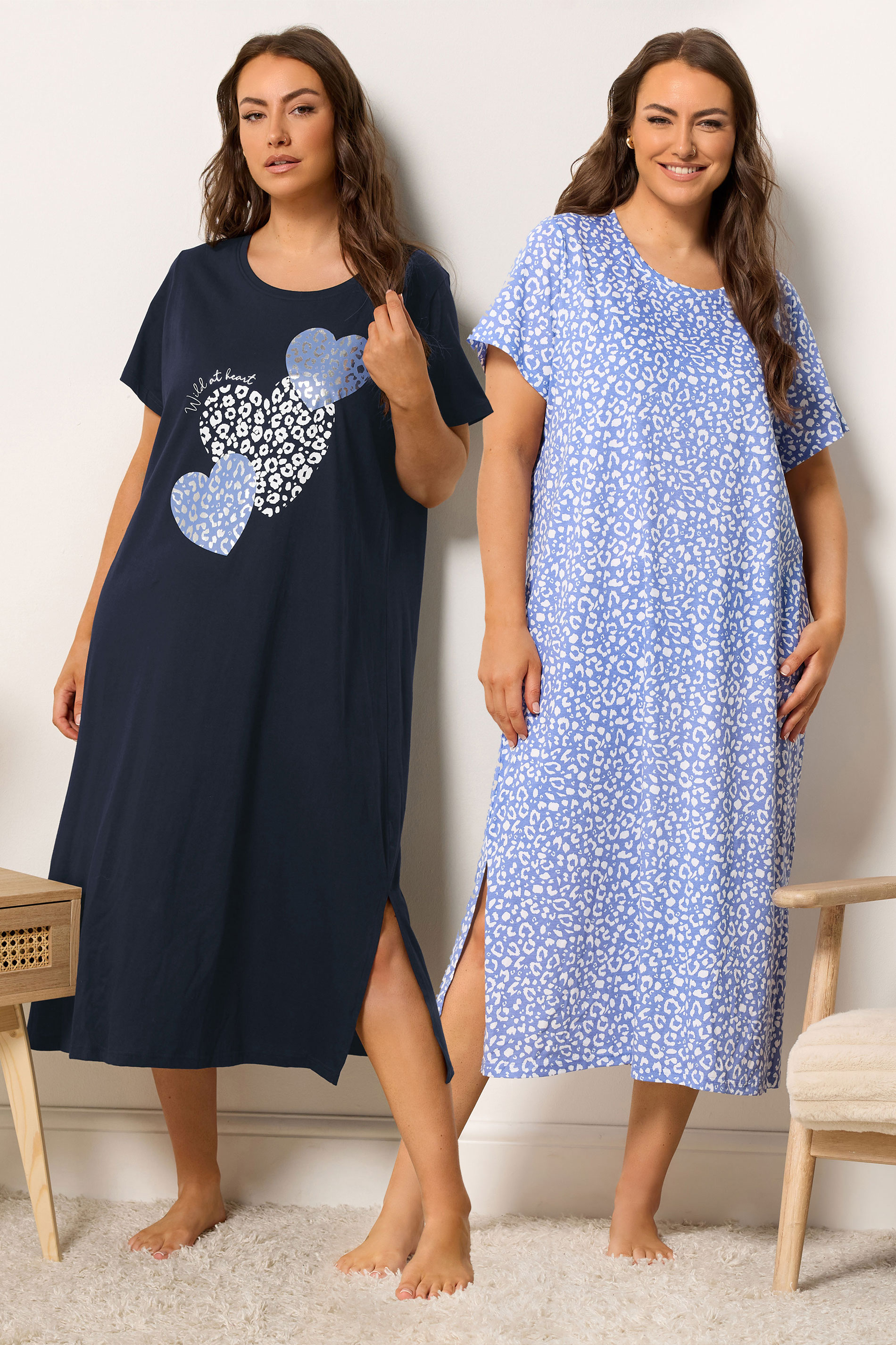 YOURSET Plus Size 2 PACK Blue Leopard Heart Midaxi Nightdresses | Yours Clothing 3