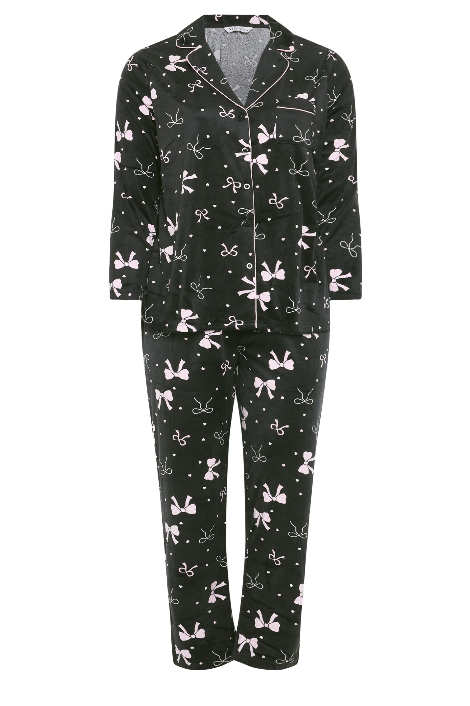 YOURS Plus Size Black Bow Print Fleece Pyjama Set | Yours Clothing 5