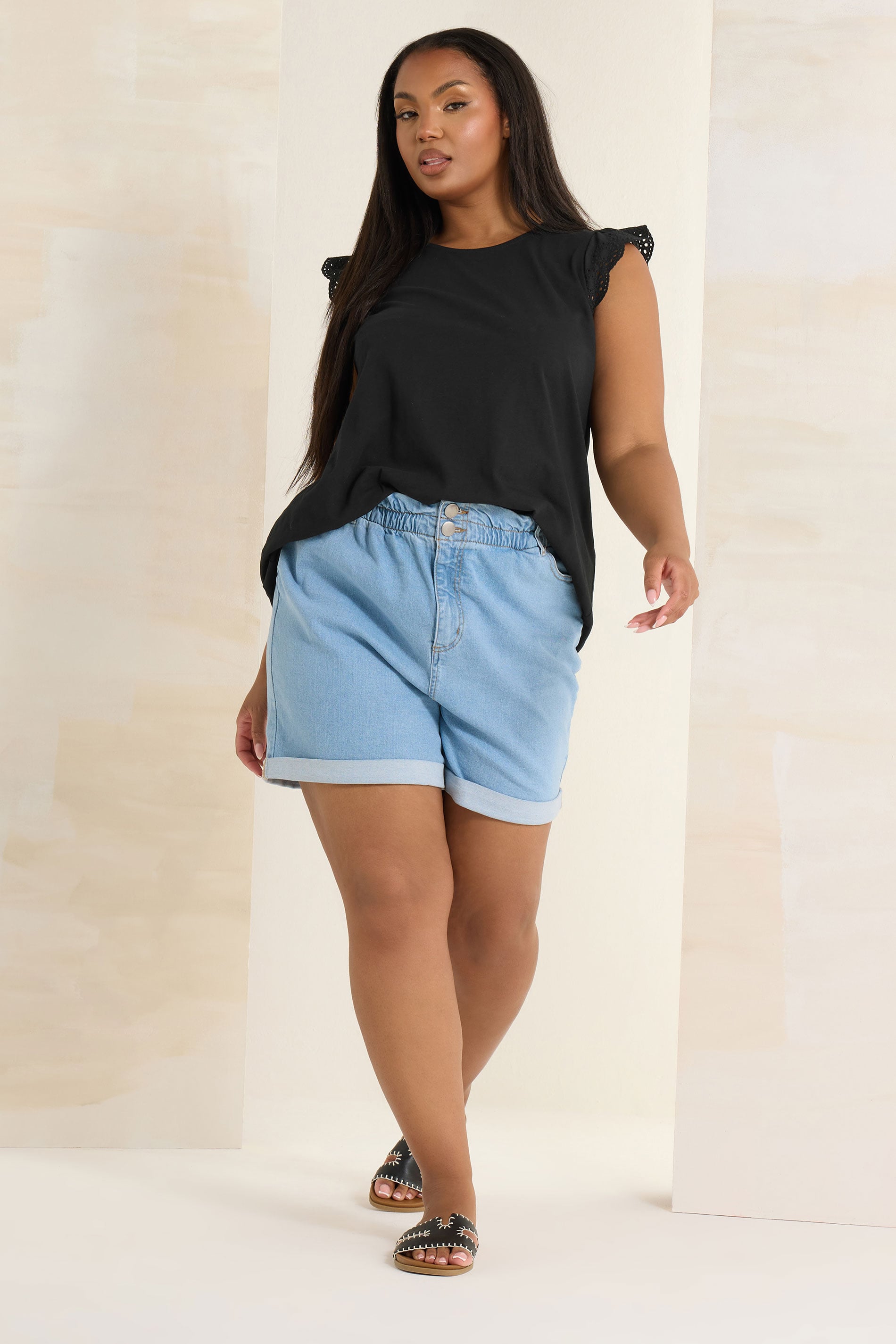 YOURS Plus Size Black Broderie Anglaise Frill Sleeve Vest Top | Yours Clothing 1