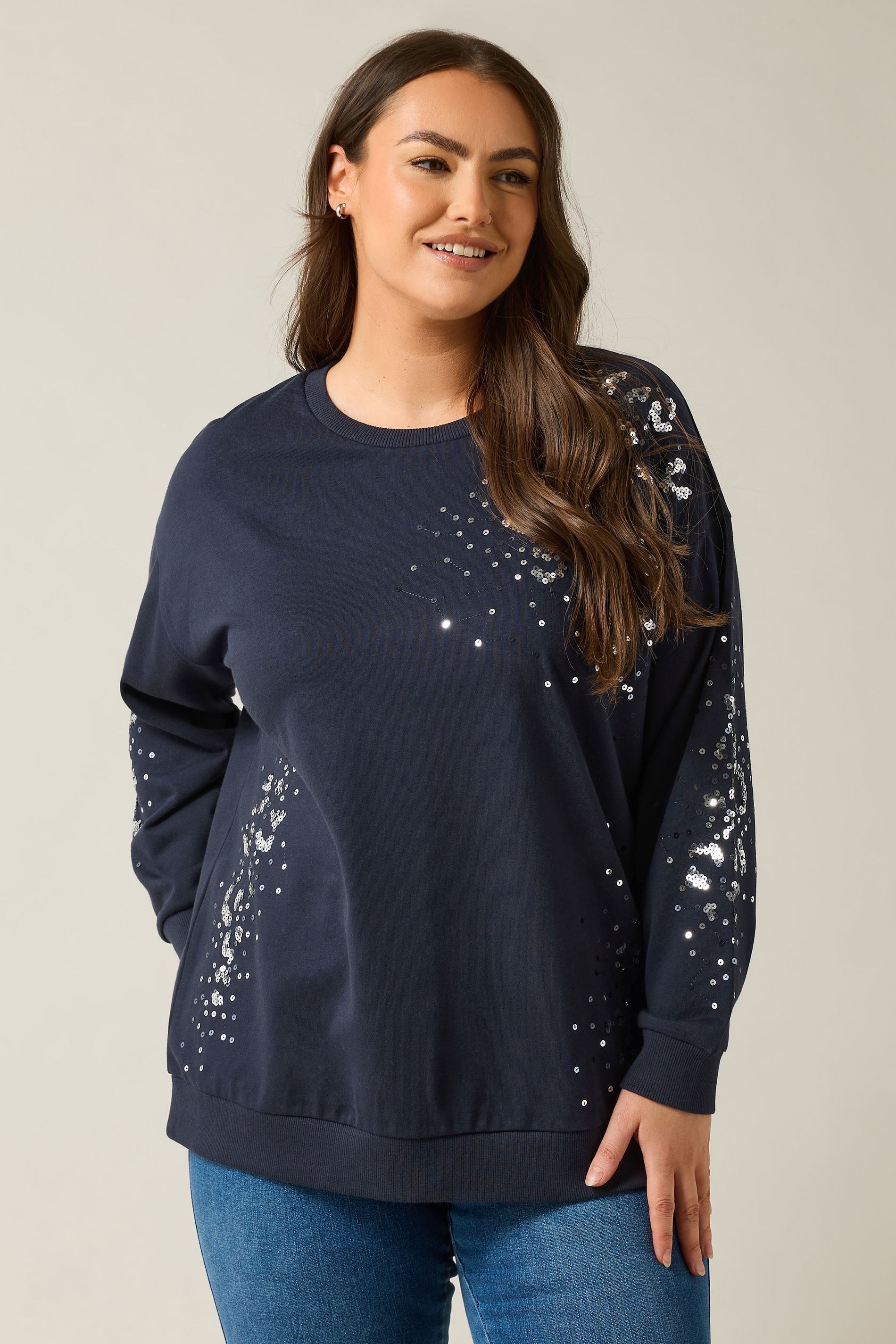EVANS Plus Size Navy Blue Leopard Sequin Embellished Sweatshirt | Evans 1