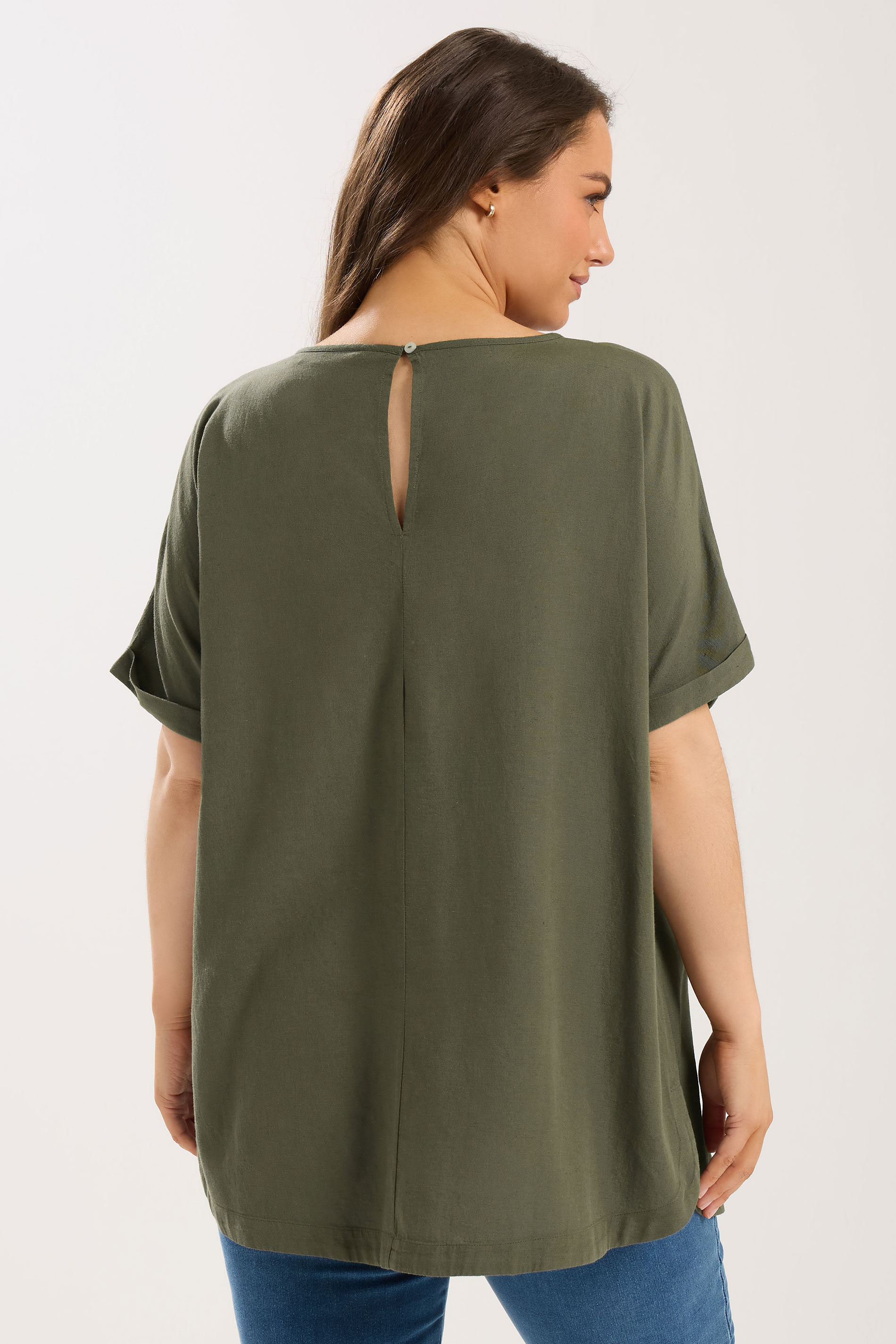 YOURS Plus Size Khaki Green Linen Boxy T-Shirt | Yours Clothing 2