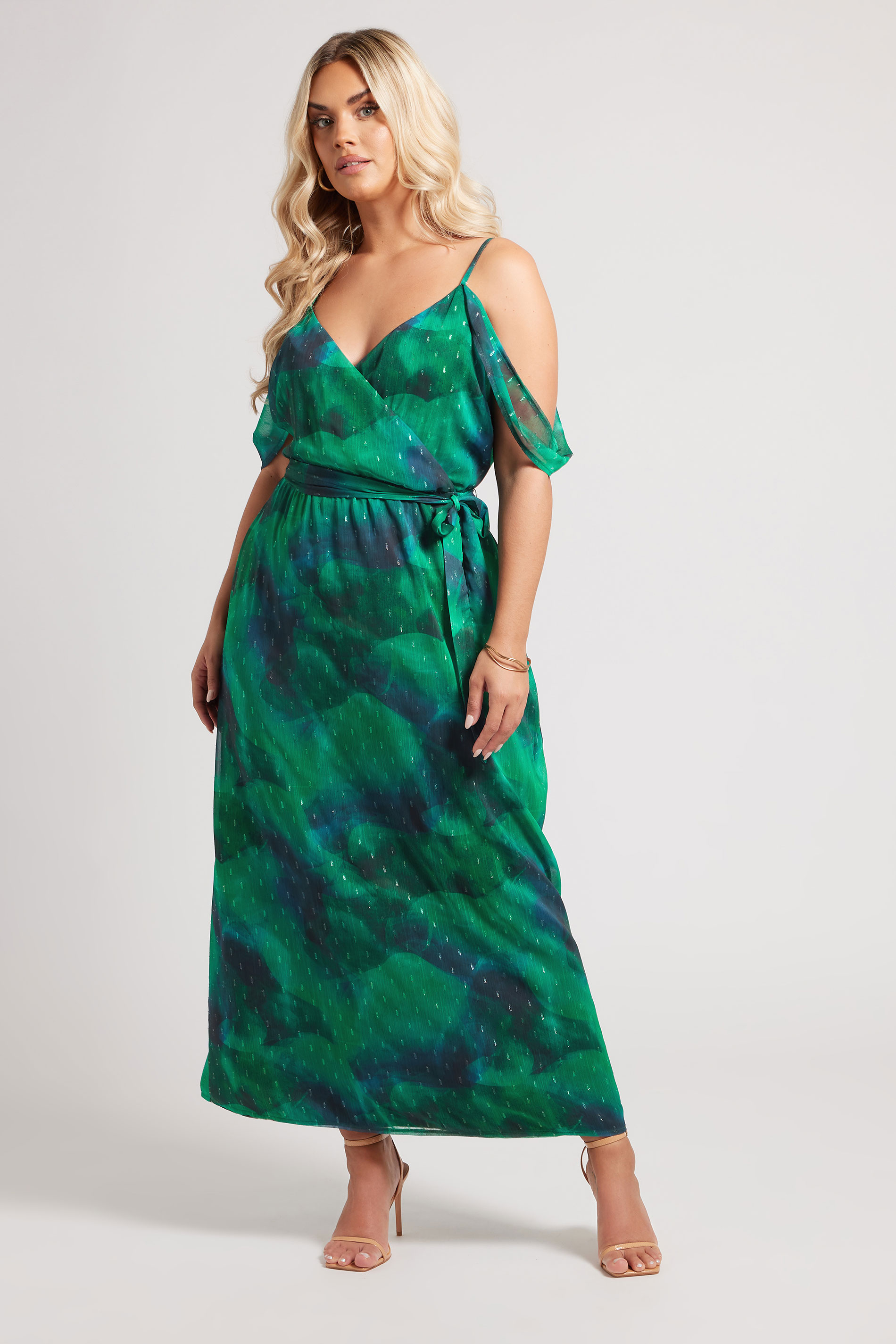 YOURS LONDON Plus Size Green Abstract Metallic Cold Shoulder Dress | Yours Clothing 1