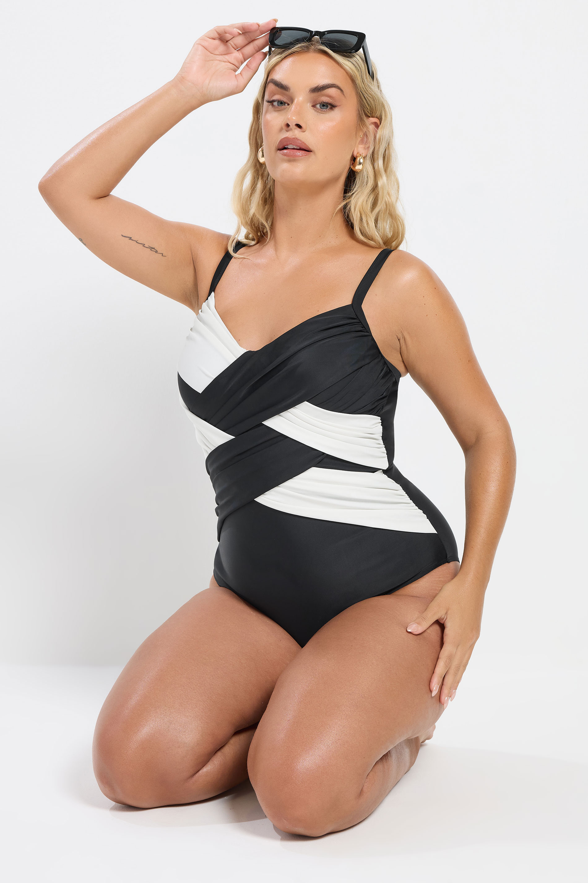 YOURS Plus Size Black & White Contrast Super Sculpt Swimsuit | Yours Clothing 2